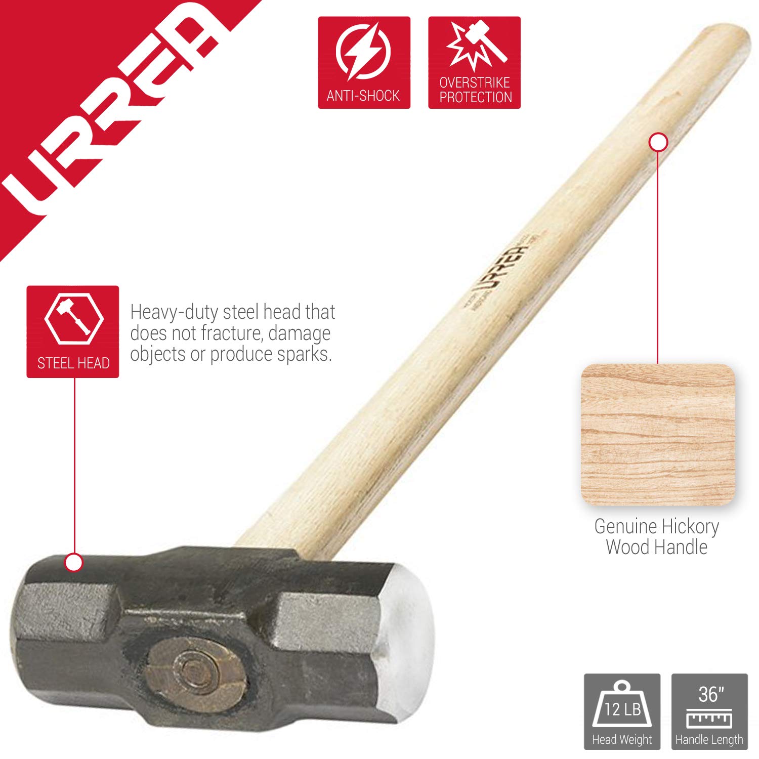 URREA 12-Pound Steel Sledge Hammer with Forged Striking Head & Hickory Wood Handle - Heavy Duty Drilling Hammer 1439G - Perfect for Construction, Demolition, and Metalworking Projects