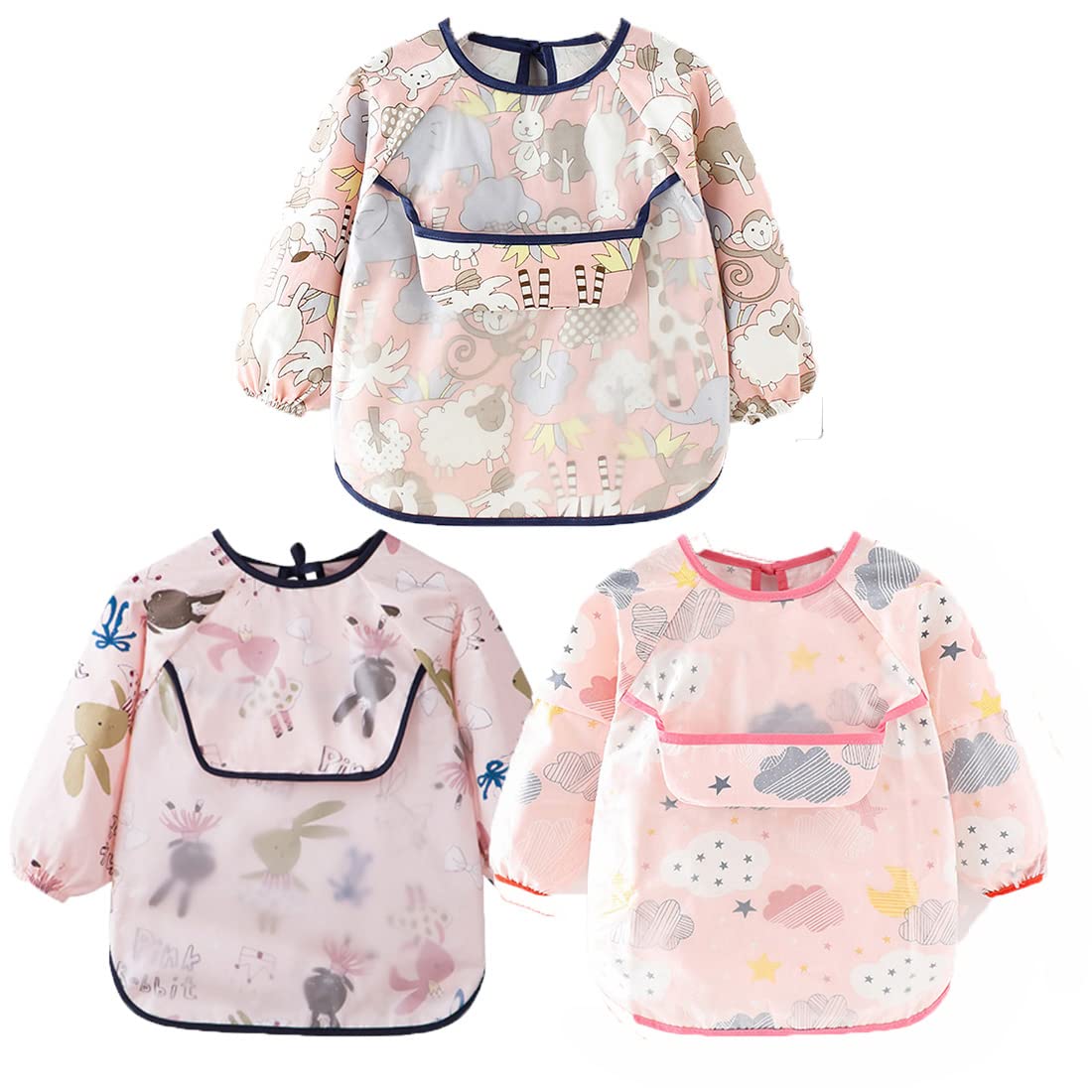 ZJstyle Waterproof Baby Bibs - 3 Pack Long Sleeve Weaning Apron with Big Front Pocket, Drool Proof Bandana Bib for Infants 6-36 Months | Ideal for Feeding, Painting, and Messy Playtime Activities