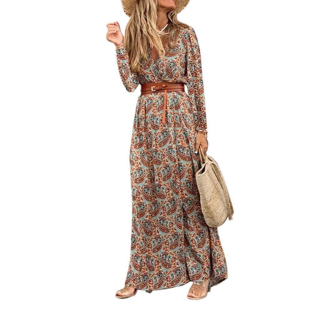 Bohemian Floral Print Maxi Dress for Women - Plus Size V Neck Long Sleeve Beach Party Dress | Perfect for Vacation, Summer Outfits & Special Occasions
