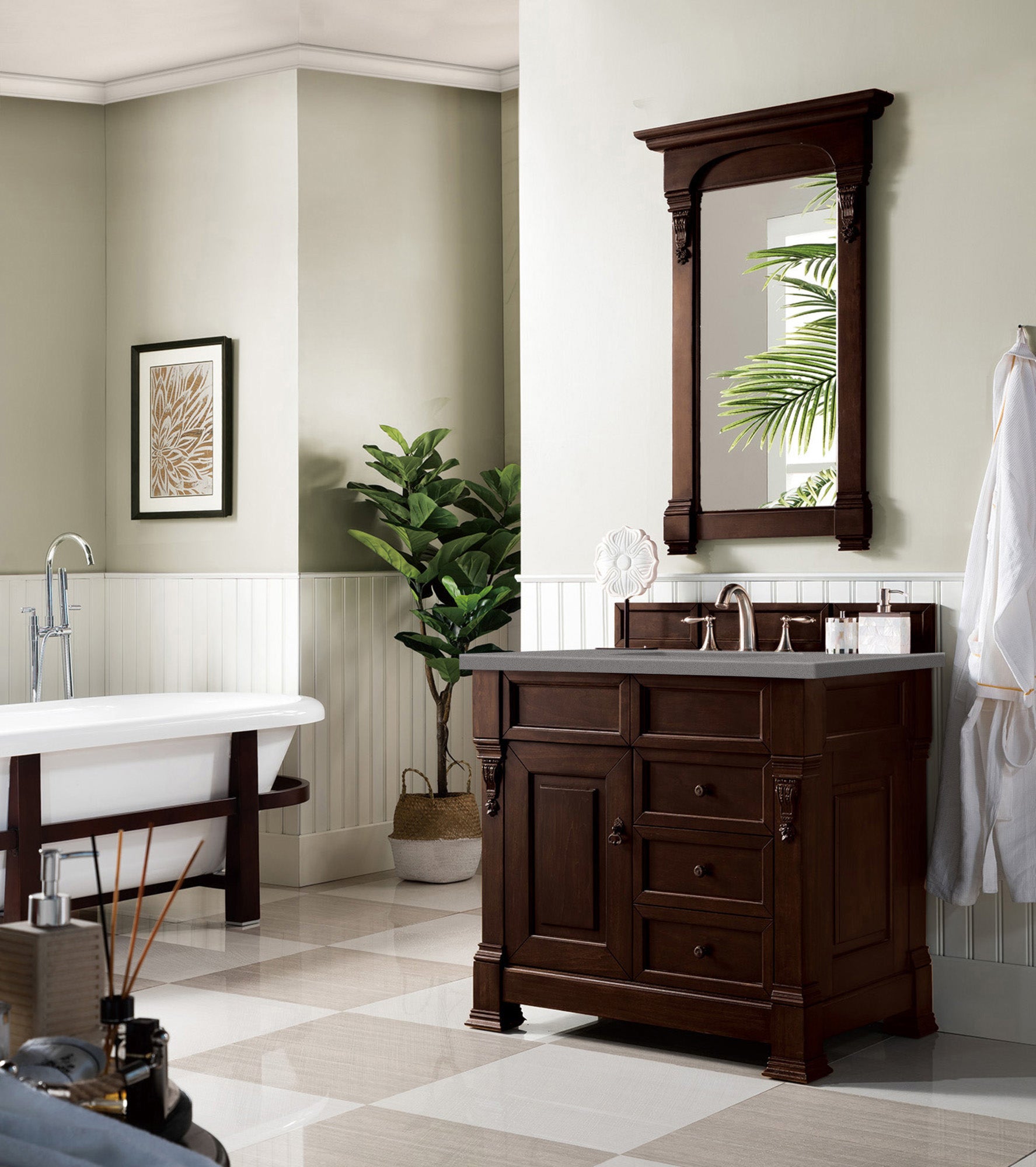 Brookfield 36 Inch Single Bathroom Vanity with Burnished Mahogany Finish & 3CM Gray Expo Quartz Countertop - Perfect for Modern Home, Apartment, and Guest Bathroom Renovations