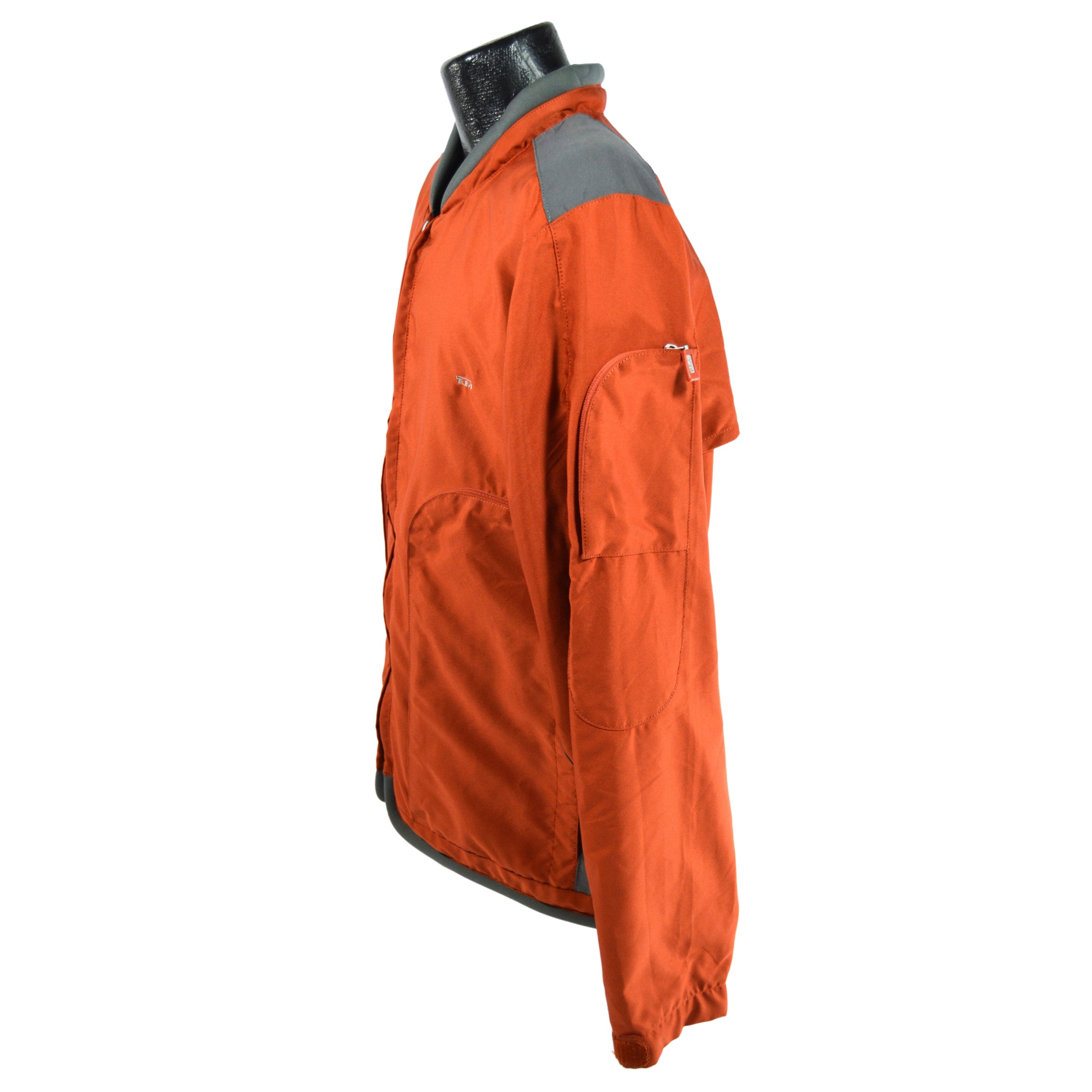 Pre-Owned TUMI Travel Jacket - Medium Size in Burnt Orange & Gray with Large Pockets | Perfect for Business Trips & Outdoor Adventures