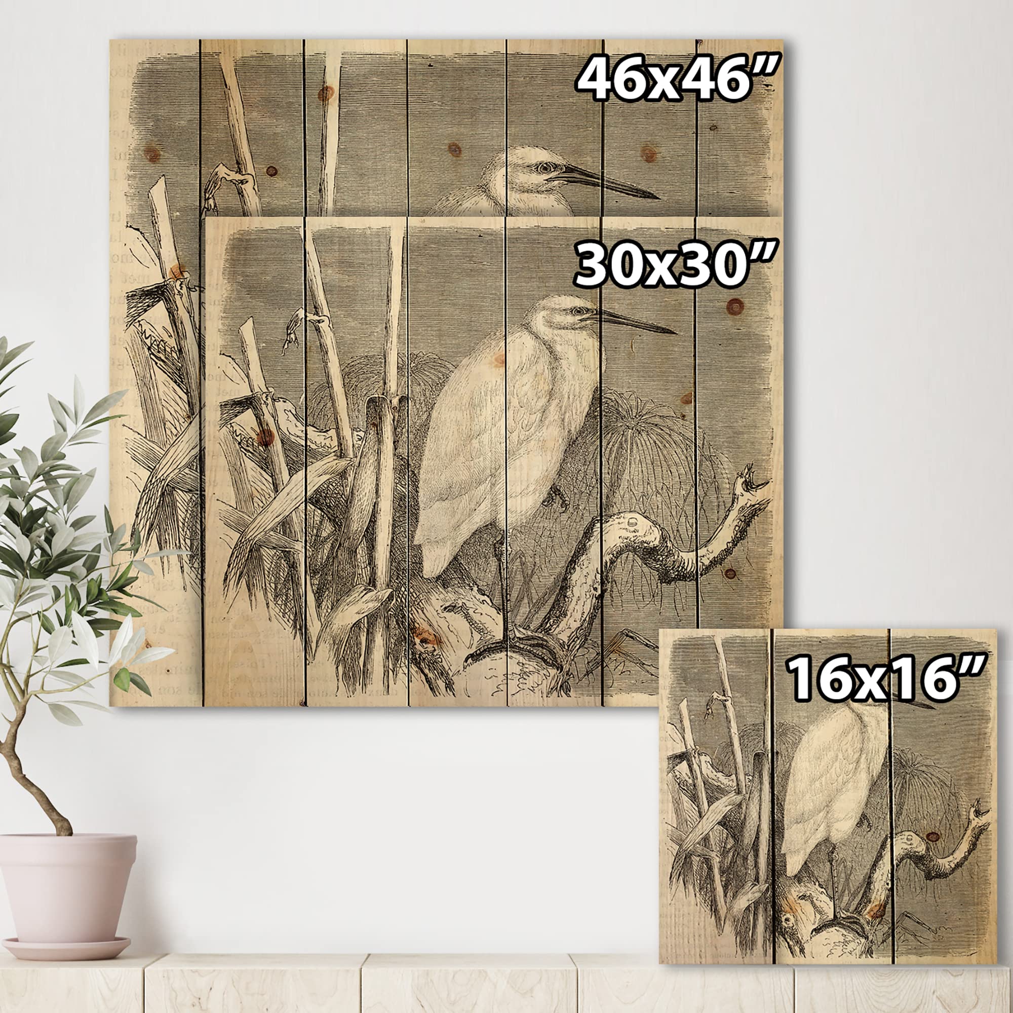 DesignQ Little Egret Bird Farmhouse Wood Wall Decor - Grey Wooden Wall Art with Large Animal Prints on Natural Pine - Perfect for Rustic Home, Cabin & Farmhouse Interior Decor