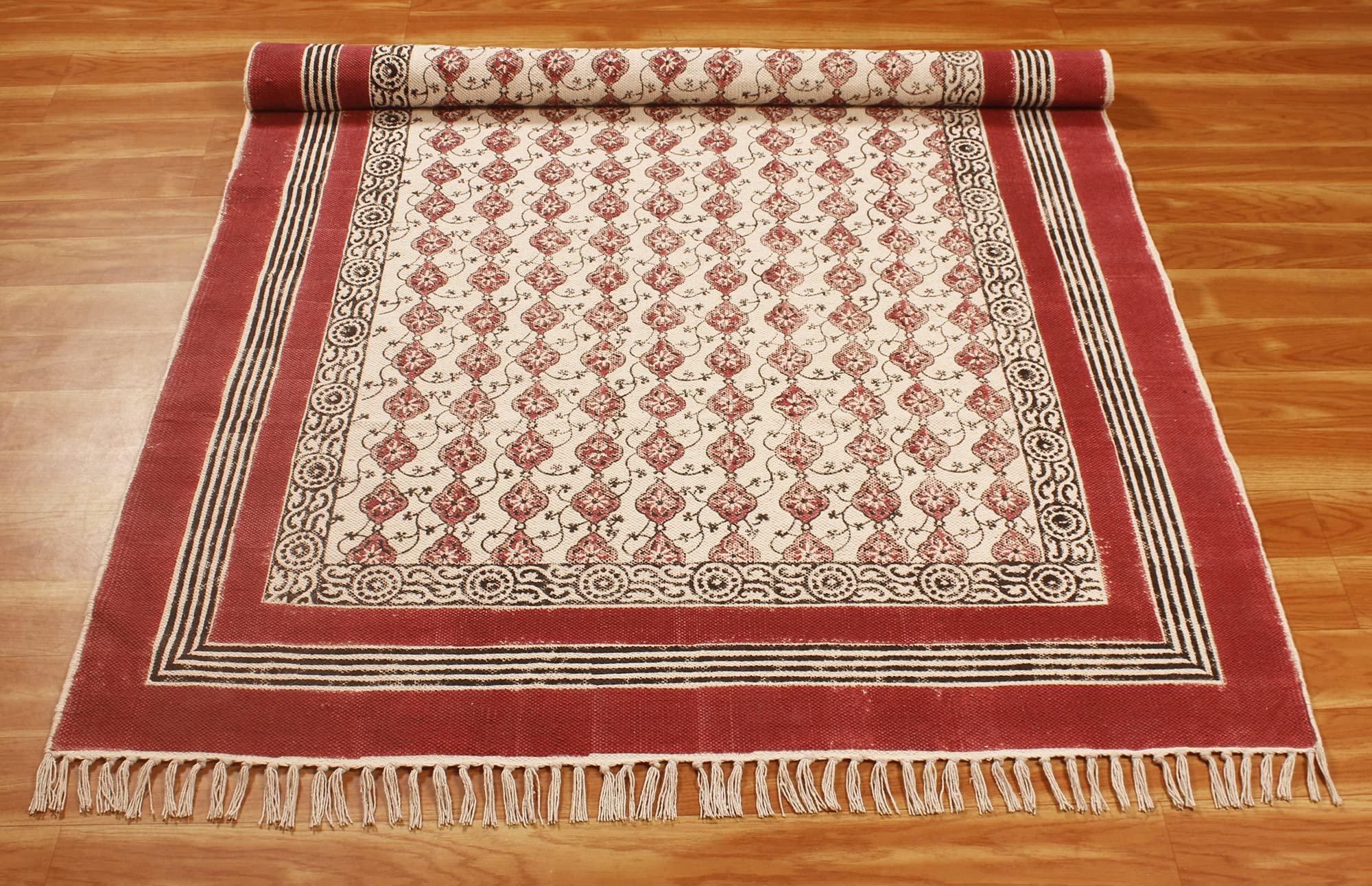 12x18 Ft Maroon Red Cotton Dhurrie Floral Kilim Rug - Handwoven Flatweave Indoor Outdoor Carpet for High Traffic Areas | Perfect for Bedroom, Dining Room & Living Room Decor