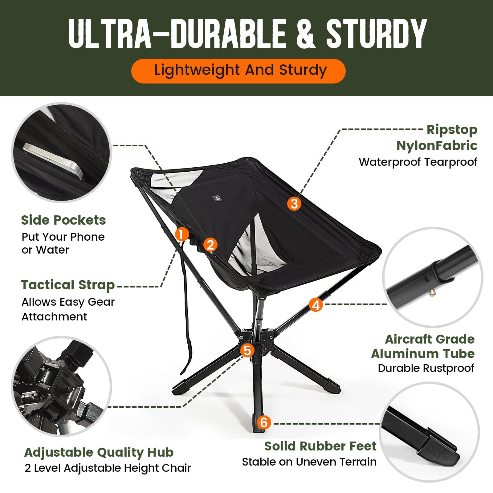 RiseLite Adjustable Portable Folding Chair for Adults - Compact Lightweight Outdoor Backpack Chair, Easy Setup in 6 Seconds - Perfect for Camping, Travel, Hiking, Concerts, Beach, Picnics & Backyard Relaxation