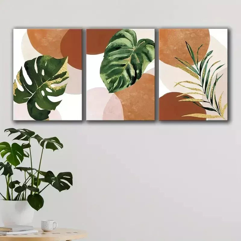 3-Piece Green and Golden Leaf Mid Century Modern Wall Art Set - Framed Canvas Prints 50x70cm - High Quality Australian Made Wall Decor - Perfect for Living Room, Bedroom & Office Decor