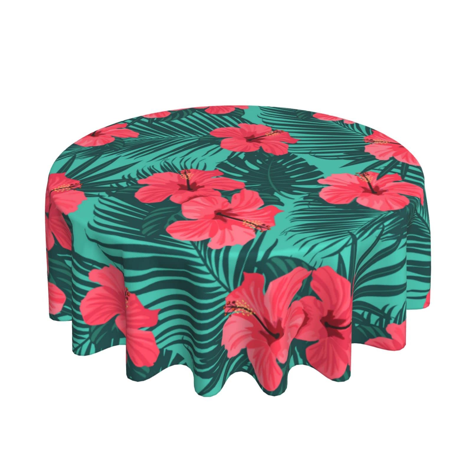 60 Inch Green Tropical Palm Floral Round Tablecloth - Waterproof Spill Proof Hawaiian Party Decor for Dinner, Picnic, Camping & Outdoor Events