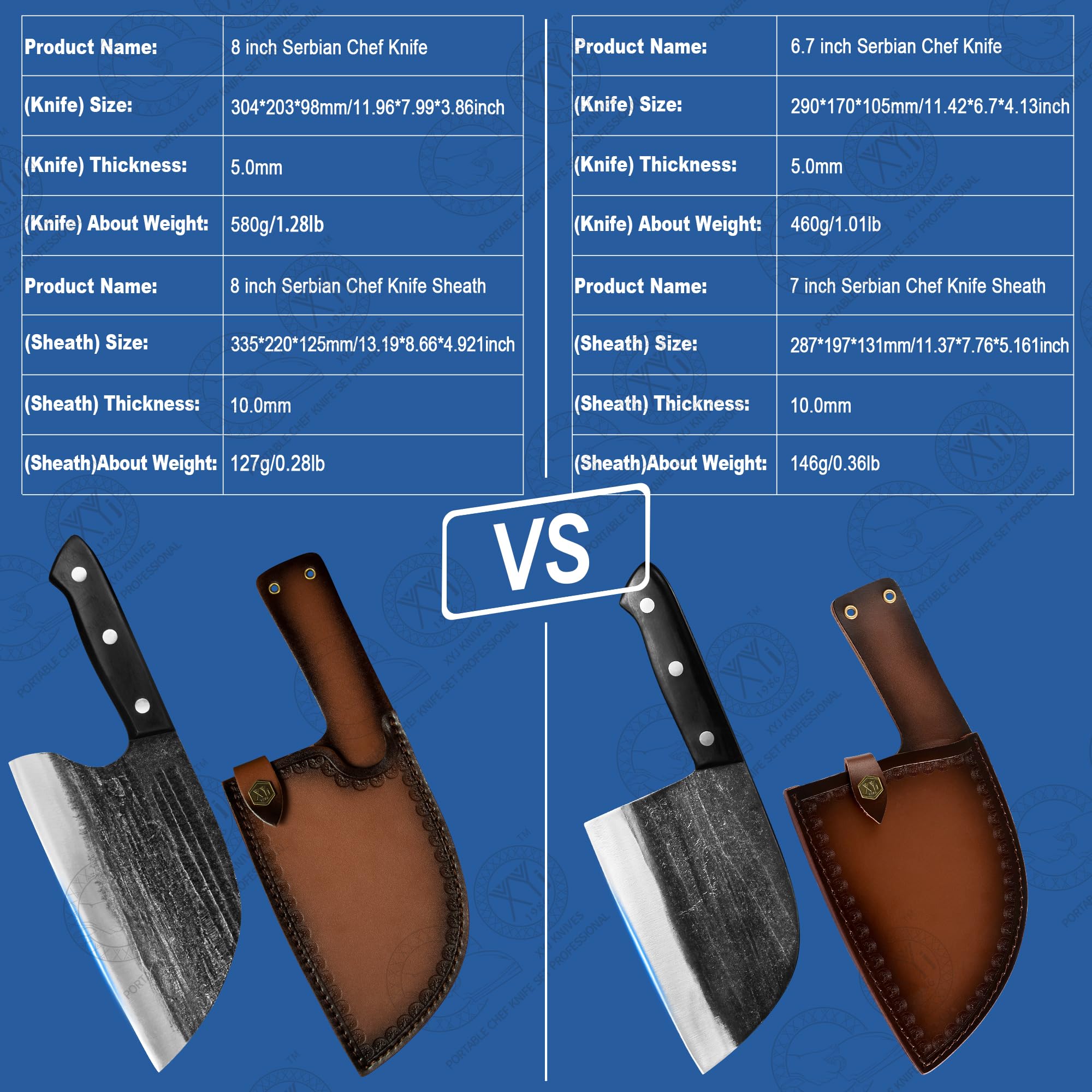 Premium 8-inch Serbian Chef Knife - Full Tang Meat Cleaver & Butcher Knife Set with Leather Sheath - Professional Kitchen Knives for Cooking, Camping & Outdoor Adventures