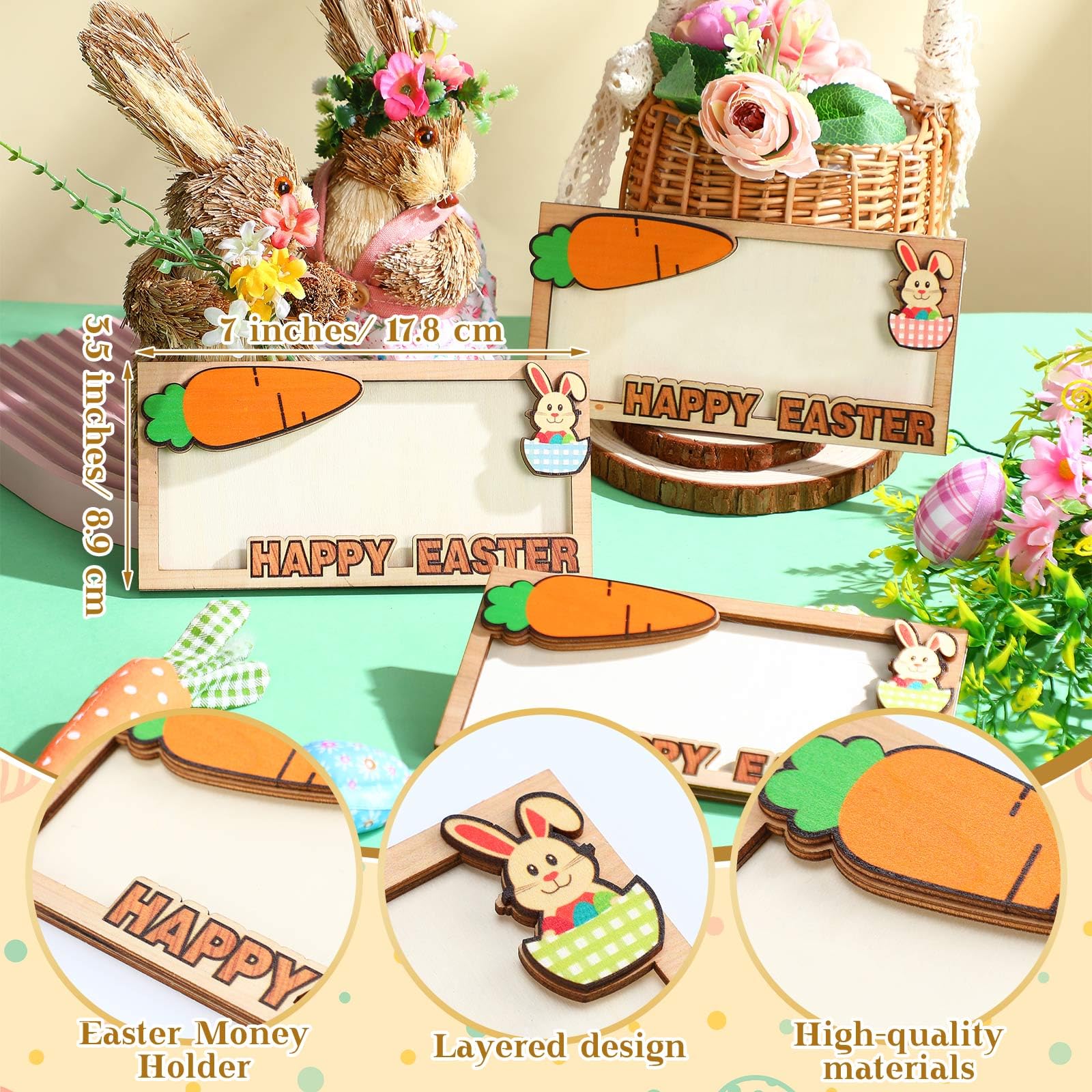 ReliThick 6-Piece Wooden Easter Bunny Money Holders - Cash Envelopes & Gift Wallets for Easter Basket Stuffers (Perfect for Easter Gifts, Party Favors & Money Storage)