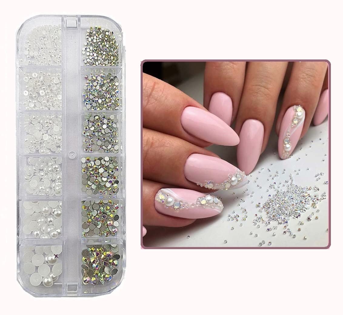 S.A.V.I 12 Grids White Flat Pearls & AB Glass Flat Crystals - Rhinestones for Nail Art Decorations, DIY Manicure Supplies for Women - Perfect for Nail Salon, Home Manicure & Party Glam Looks
