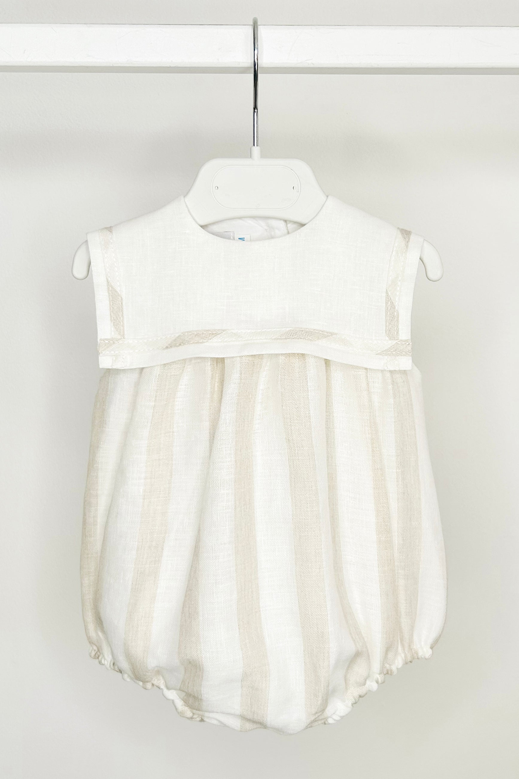 Miles Ivory & Beige Striped Sailor Romper for Baby Girls - Cute One-Piece Outfit for Summer, Beach, and Photo Shoots