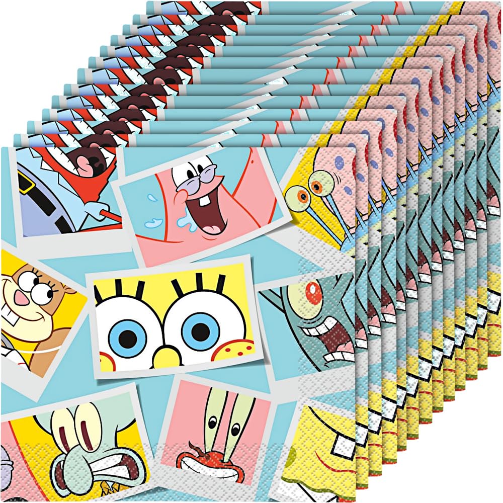 SpongeBob SquarePants Colorful Disposable Paper Napkins (16-Pack) - Fun Kids Party Supplies for Birthday, Themed Events & Luncheons - BPA-Free & Eco-Friendly
