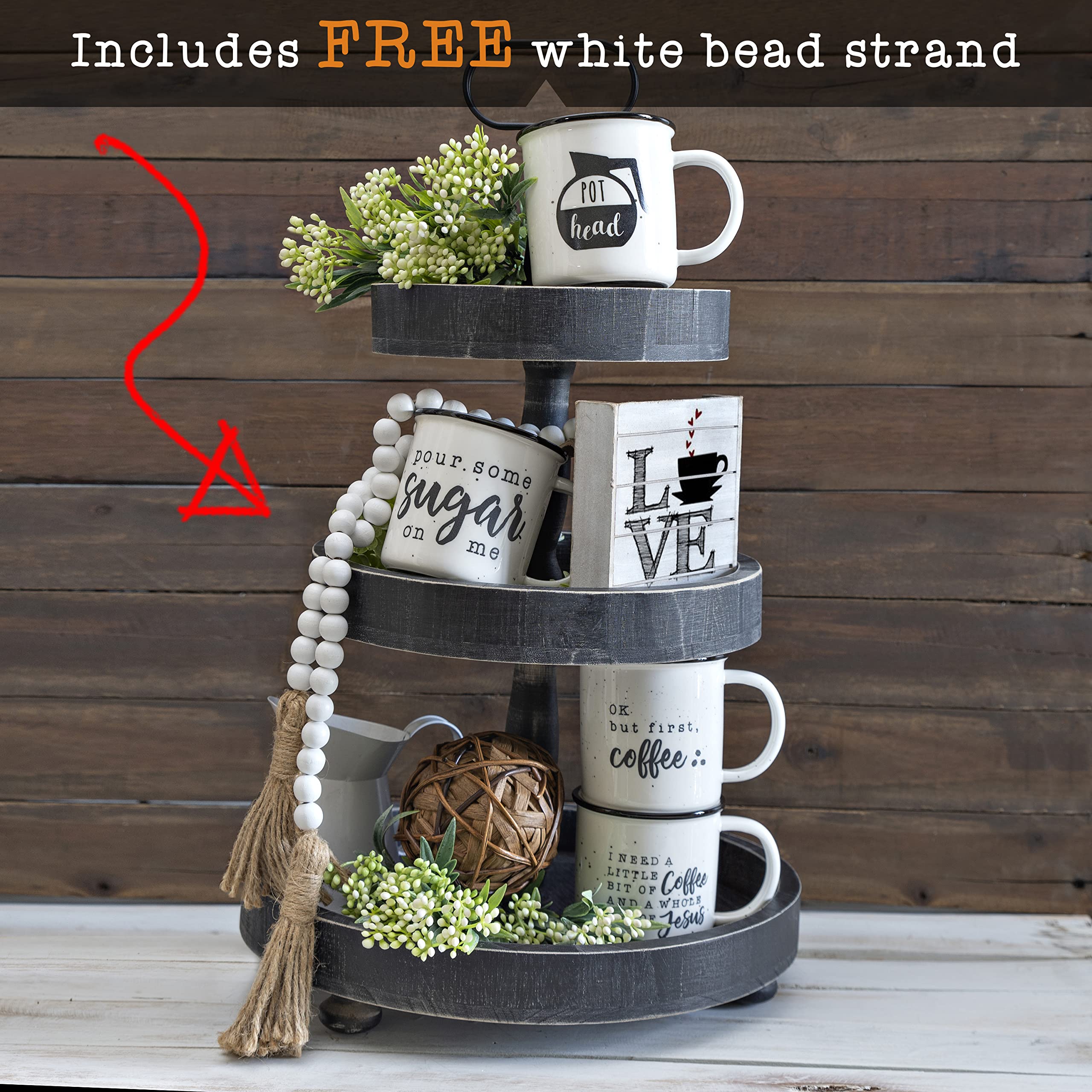 3 Tier Rustic Wooden Tiered Tray with Bead Garland - Farmhouse Decor for Kitchen Counter, Dining Table & Coffee Table - Black Stand Display Organizer for Fruits, Desserts, Home Decor