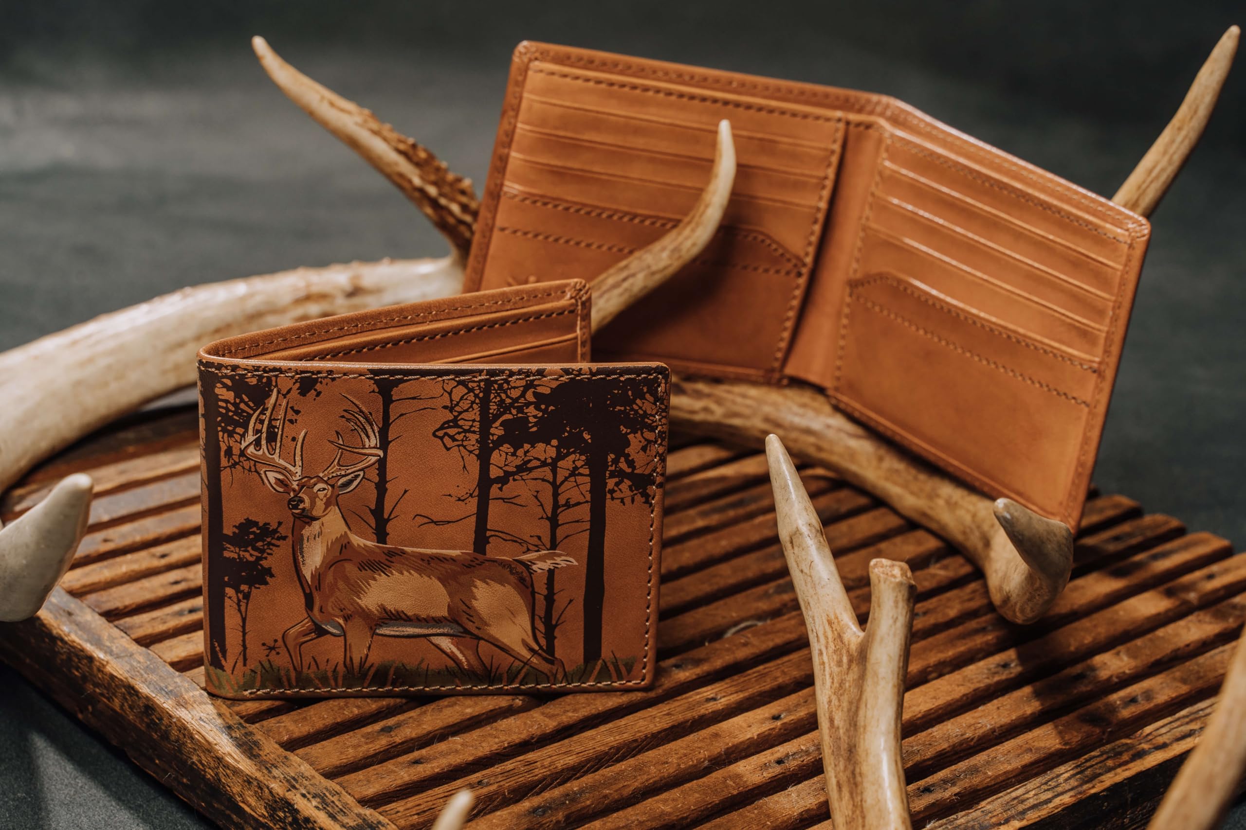 House of Jack Co. Men's Deer In The Woods Bifold Wallet - Premium Full Grain Italian Cowhide Leather with Camouflage Lining - Perfect for Outdoor Enthusiasts & Everyday Carry (Tan)