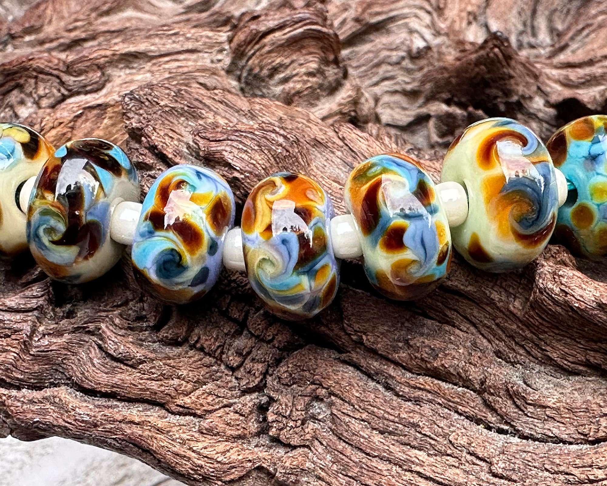 Handmade Turquoise and Brown Swirl Glass Lampwork Beads Set for Jewelry Making - DIY Necklace, Bracelet, Earrings Craft Supplies - Perfect for Boho, Hippie Style Accessories