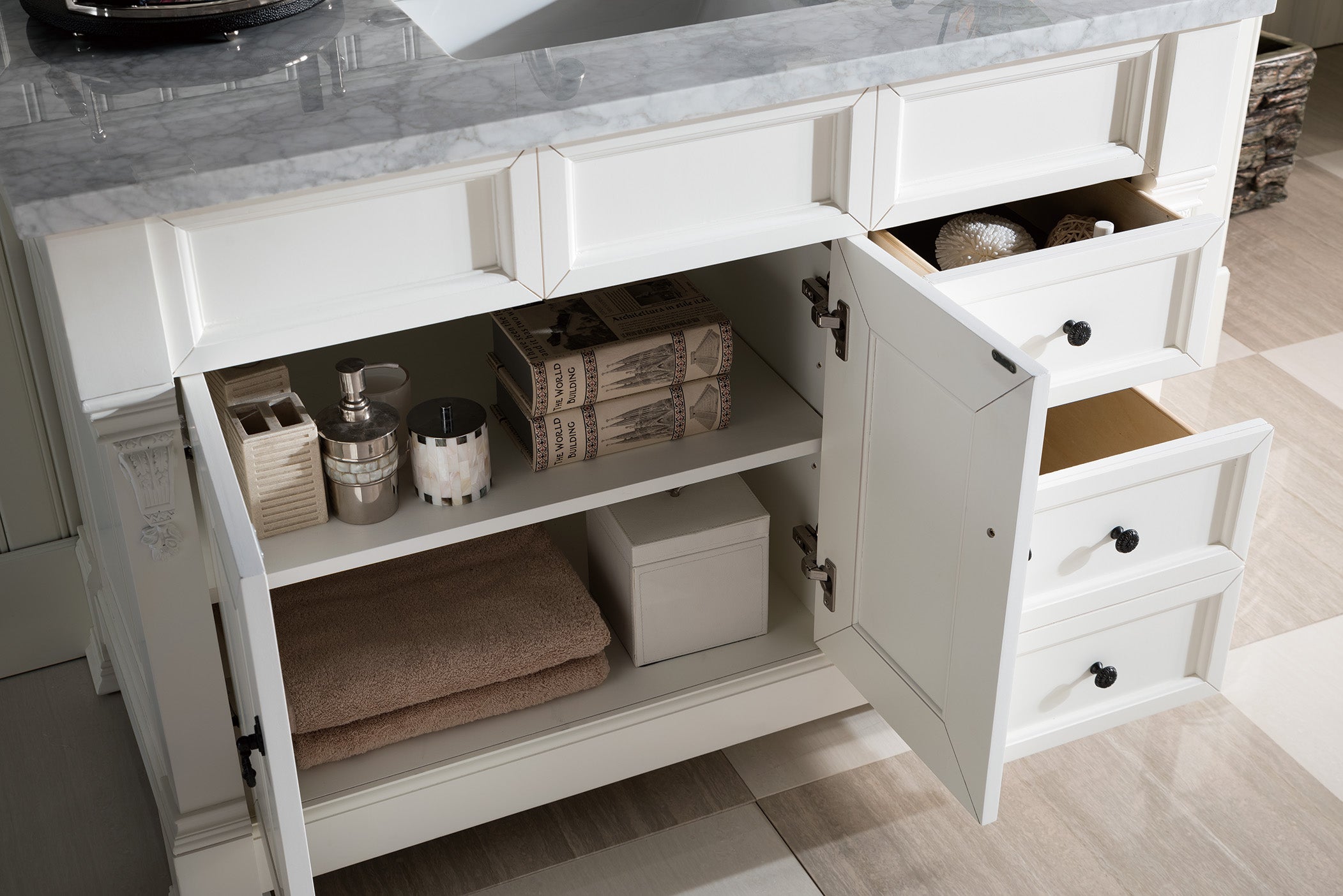 Brookfield 48 Inch Single Bathroom Vanity with 3CM Carrara Marble Top in Bright White - Perfect for Modern Master Bathrooms & Guest Bathroom Renovations