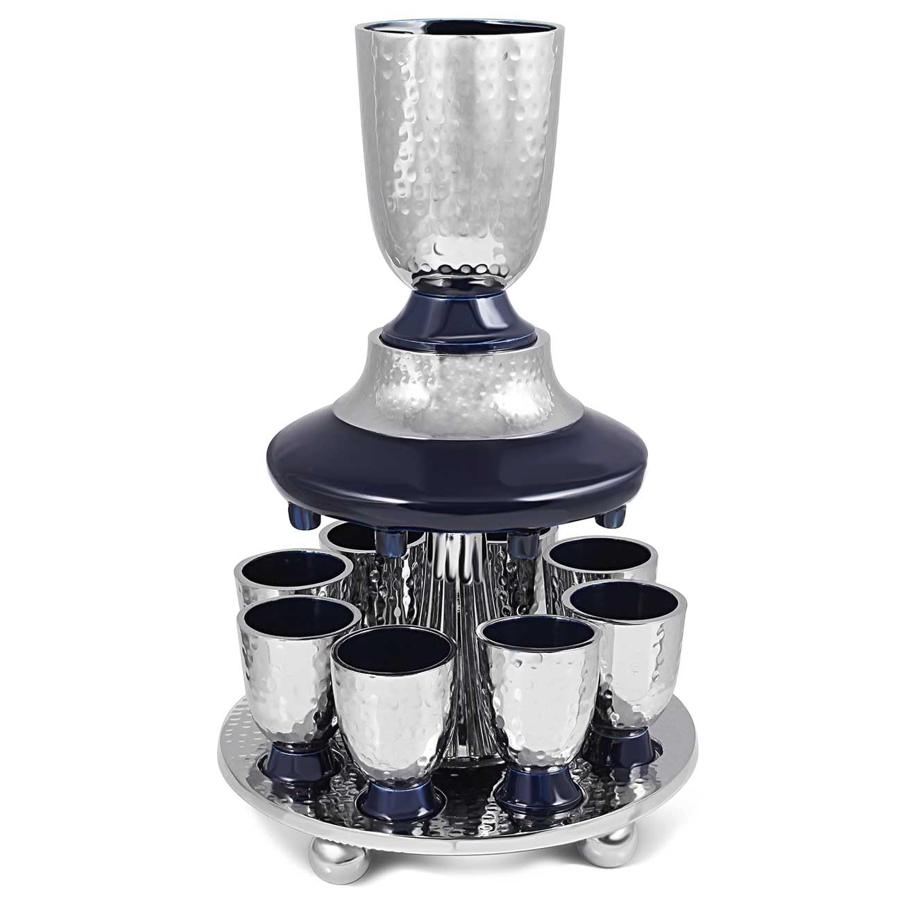 Zion Judaica Shabbat Blue Enamel Kiddush Cup & Wine Fountain Set - 7.5 oz Hammered Metal Goblet with 8 Mini 1.2 oz Stemmed Shot Cups - Perfect for Shabbat, Passover, Holidays & Pesach Seder Table Decor - Elegant Jewish Ceremonial Wine Set for Home Celebrations