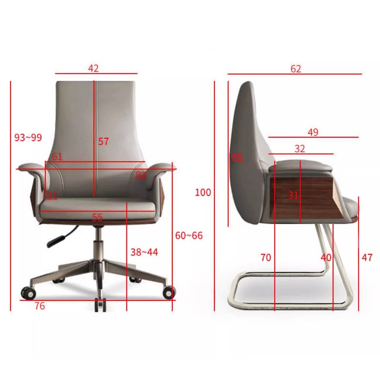 Minimalist Gray Leather Arc Office Chair with Flared Arms & Silver Metal Legs - Ergonomic Desk Chair for Home Office, Study, or Workspace