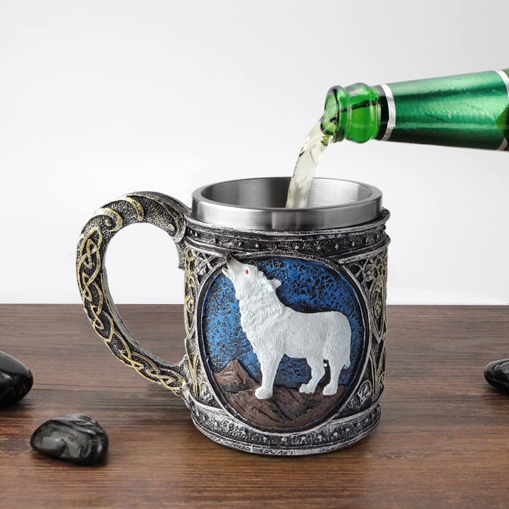 Stainless Steel Wolf Mug with Resin 3D Design - Insulated Travel Coffee Cup for Tea, Beer & Wine - Perfect for Camping, Office & Gifts (White Wolf)