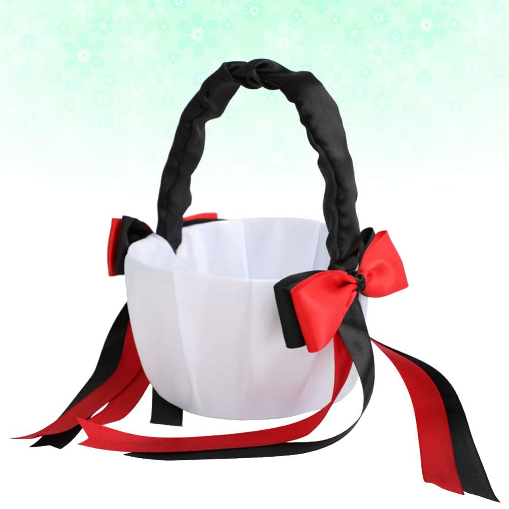Elegant Black and Red Bowknot Flower Girl Basket with Handle - Wedding Ceremony Party Decoration for Romantic Bridal Showers, Receptions & Photo Props
