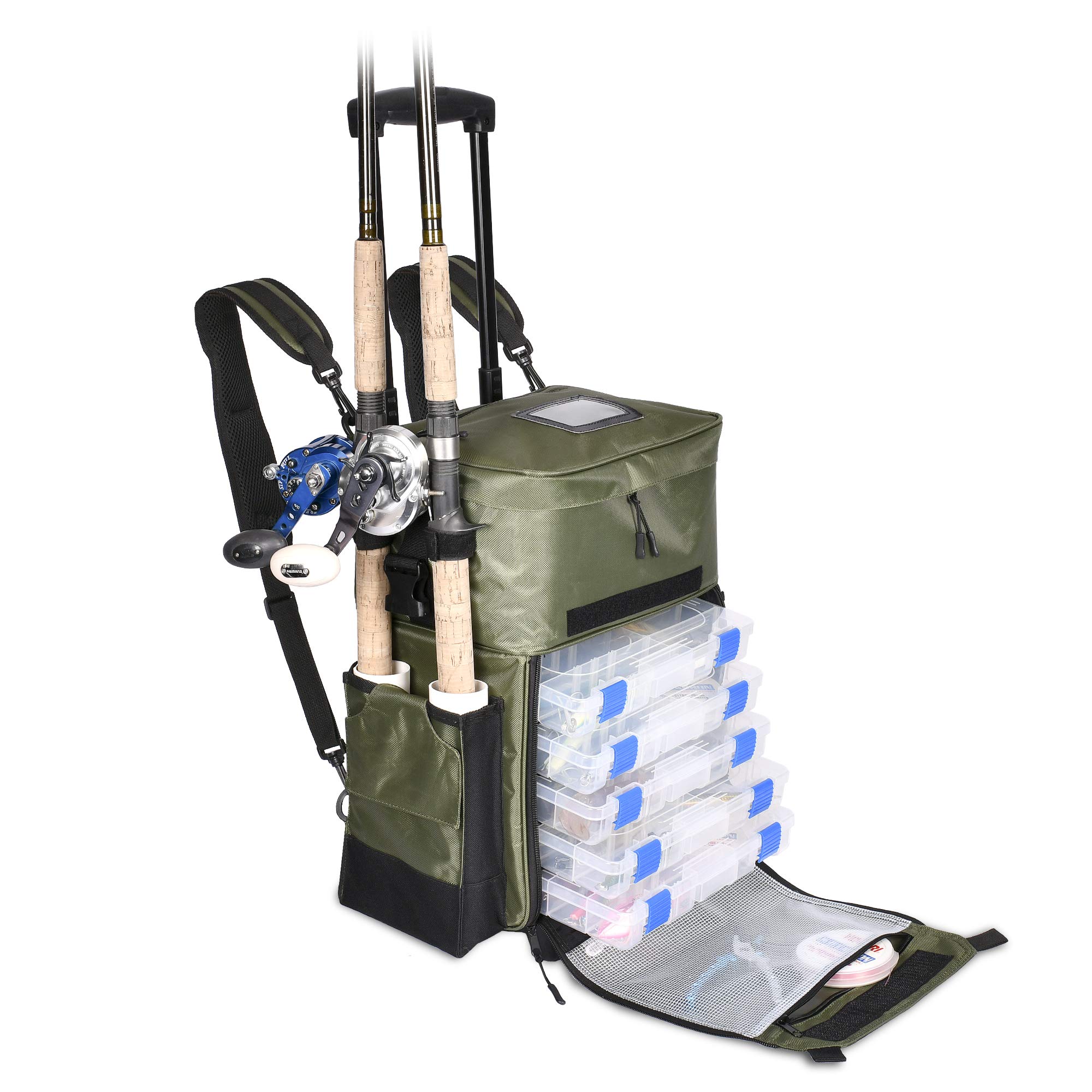 **Calissa Offshore Rolling Tackle Box with Wheels - Waterproof Fishing Backpack with Rod Holders & Storage, Portable Roller Fishing Tackle Box with Tackle Trays - Perfect Gift for Anglers & Fishermen - Ideal for Saltwater, Freshwater & Boat Fishing**