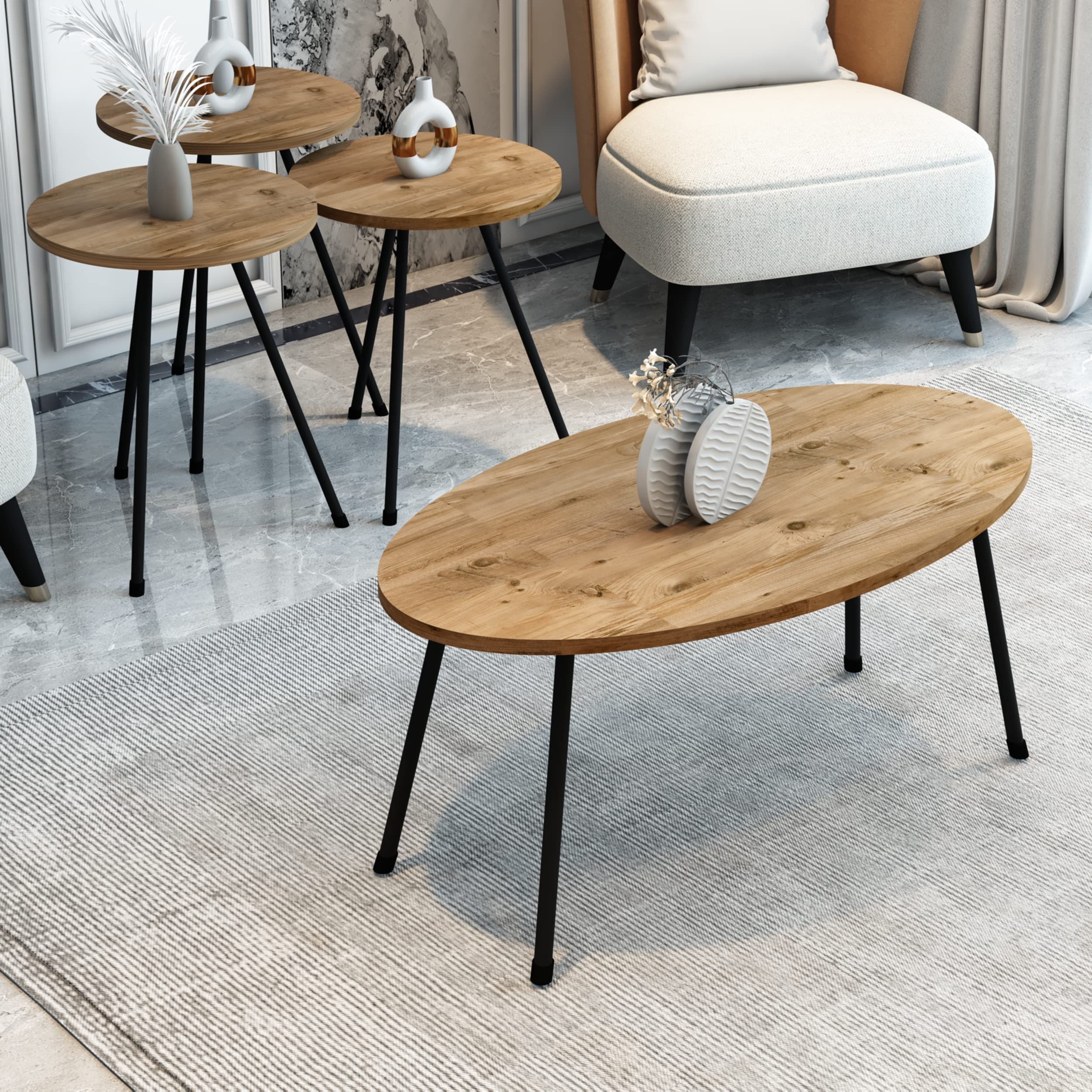 4 Piece Living Room Table Set - 1 Coffee Table & 3 Nesting Tables, Easy No-Tools Assembly, Solid Pinewood, Ellipse Coffee Table with Round Side Tables - Perfect for Small Spaces, Living Room Decor & Coffee Table Organization