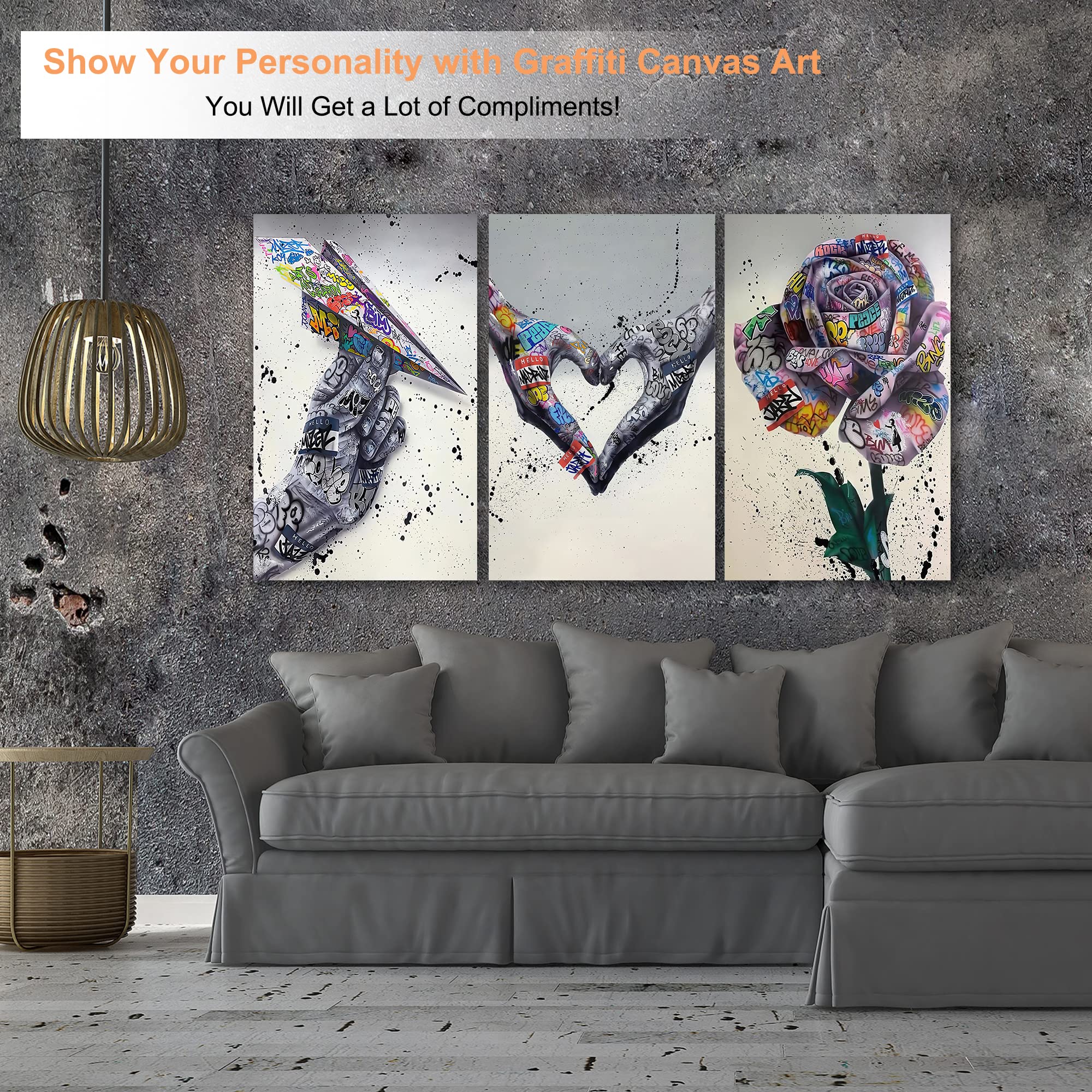 3-Piece Graffiti Wall Art Canvas Prints - Urban Street Art Multi Panel Decor for Bedroom, Man Cave & Living Room - Ready to Hang 24x36 Inch Framed Pop Art (Perfect for Teen Boys Room, Office & Game Room)
