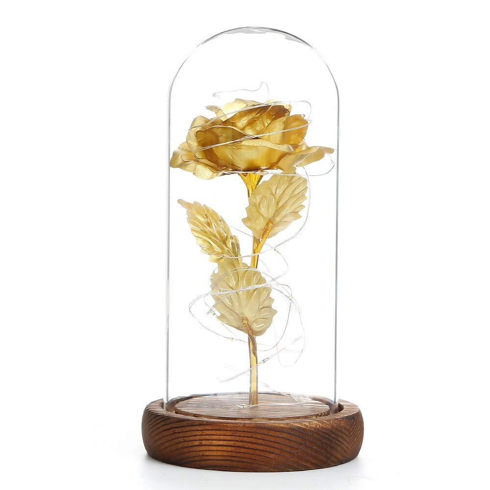 LED Rose Flower in Glass Dome - Artificial & Dried Flower for Valentine's Day, Christmas Decor, Romantic Home Lighting (Gold) | Perfect for Bedroom, Wedding Centerpiece, Gift Idea
