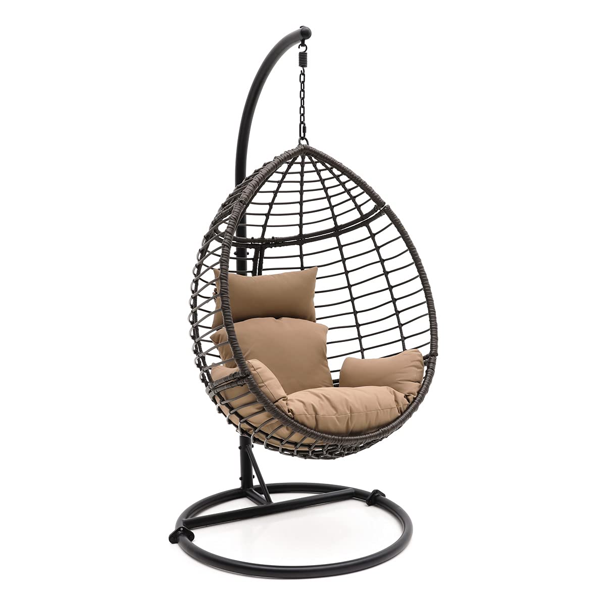 SereneLife Hanging Egg Chair with Stand - Indoor Outdoor Wicker Rattan Lounge Chair, Steel Frame & UV Resistant Washable Cushions - Perfect for Garden, Backyard, Deck, Sunroom, Patio (Black & Brown)