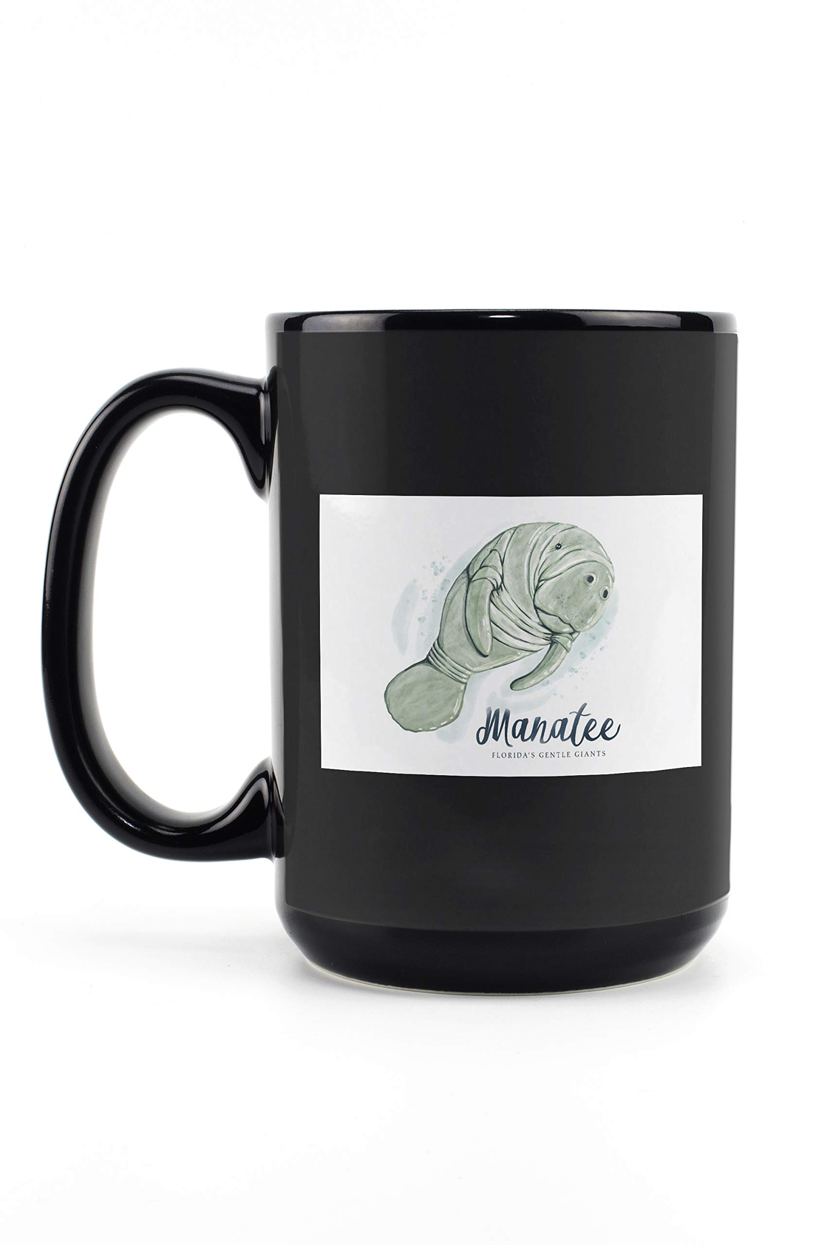 Florida Manatee Watercolor Art - 15oz Black Ceramic Coffee & Tea Mug, Dishwasher & Microwave Safe - Perfect for Home, Office & Gift Giving