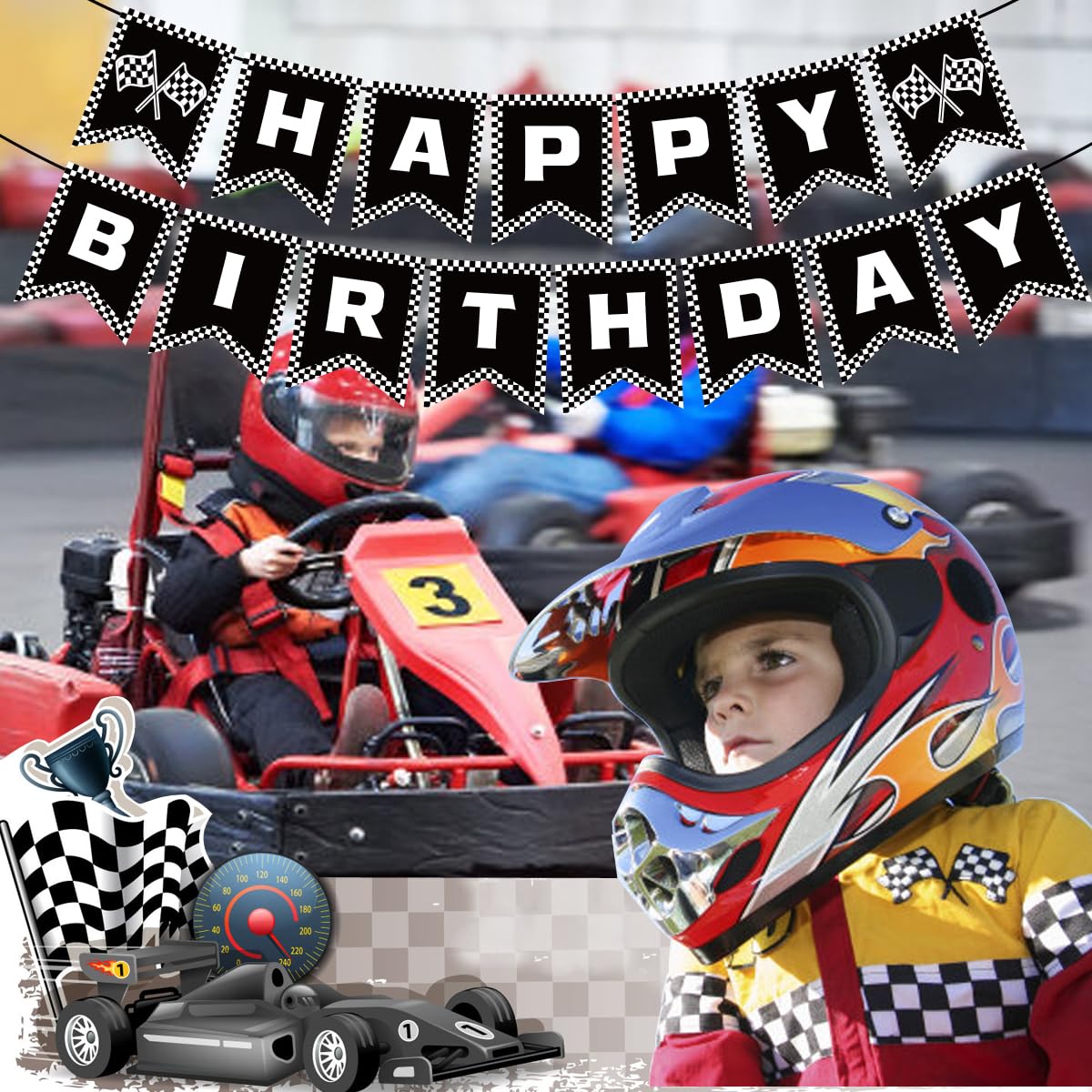 MEETINGU Race Car Happy Birthday Banner - Black and White Checkered Flag Racing Party Decorations for Boys, Kids Birthday Party Supplies - Perfect for Race Car Themed Birthday Decor, Cake Table Backdrop & Party Room Decorations