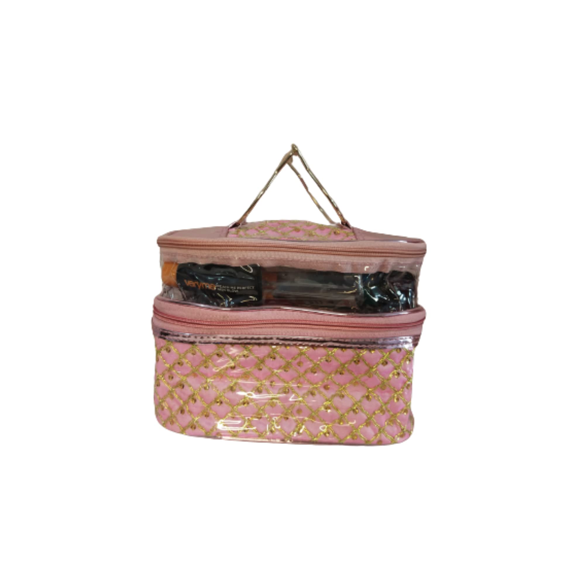 YELLOW SHINE MART Double Layer Makeup Bag - Travel Cosmetic Organizer & Toiletry Pouch in Pink & Gold | Perfect for Travel, Gym & Daily Beauty Storage