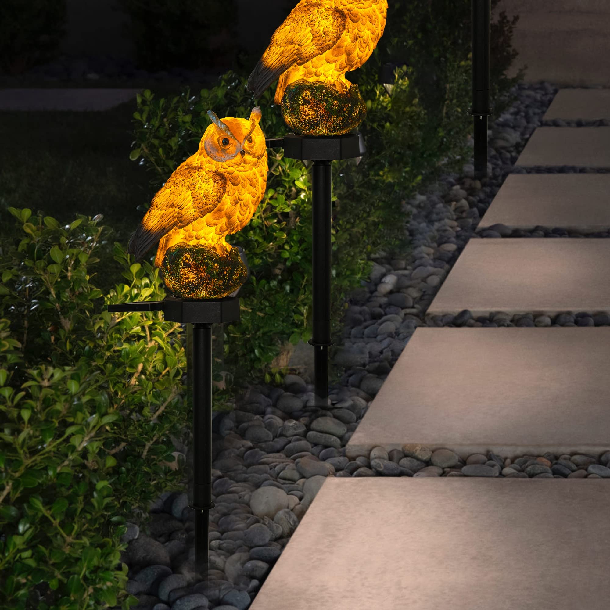 Solar Owl LED Lights for Outdoor Garden - Waterproof Resin Decoration with Stake for Yard, Pathway, Patio & Lawn - Bird Deterrent Decor (2 Pack, Brown) - Perfect for Nighttime Illumination & Pest Control