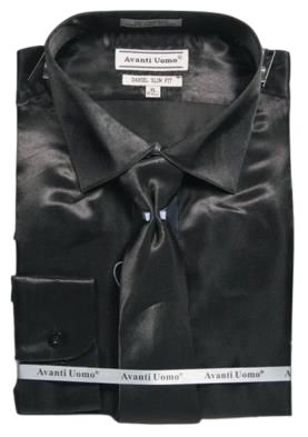 AVANTI UOMO Satin Slim Fit Dress Shirt with Tie - DNS06 Black | Formal Office Wear & Special Occasions