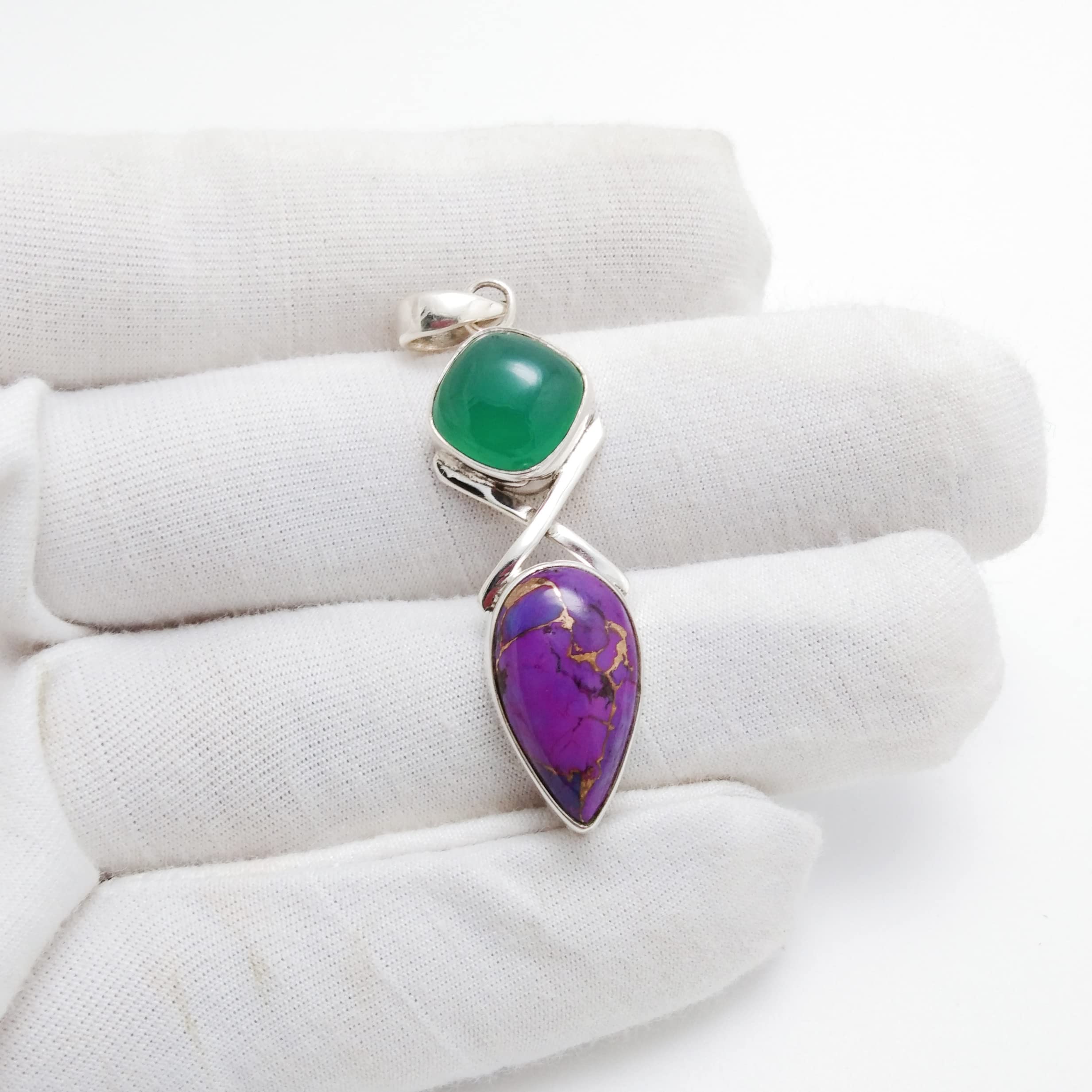 925 Sterling Silver Purple Copper Turquoise & Green Onyx Pendant Necklace - Two Stone Dainty Jewelry for Women, Birthday Gift for Mom, Christmas Present | Perfect for Everyday Wear, Special Occasions & Gift Giving