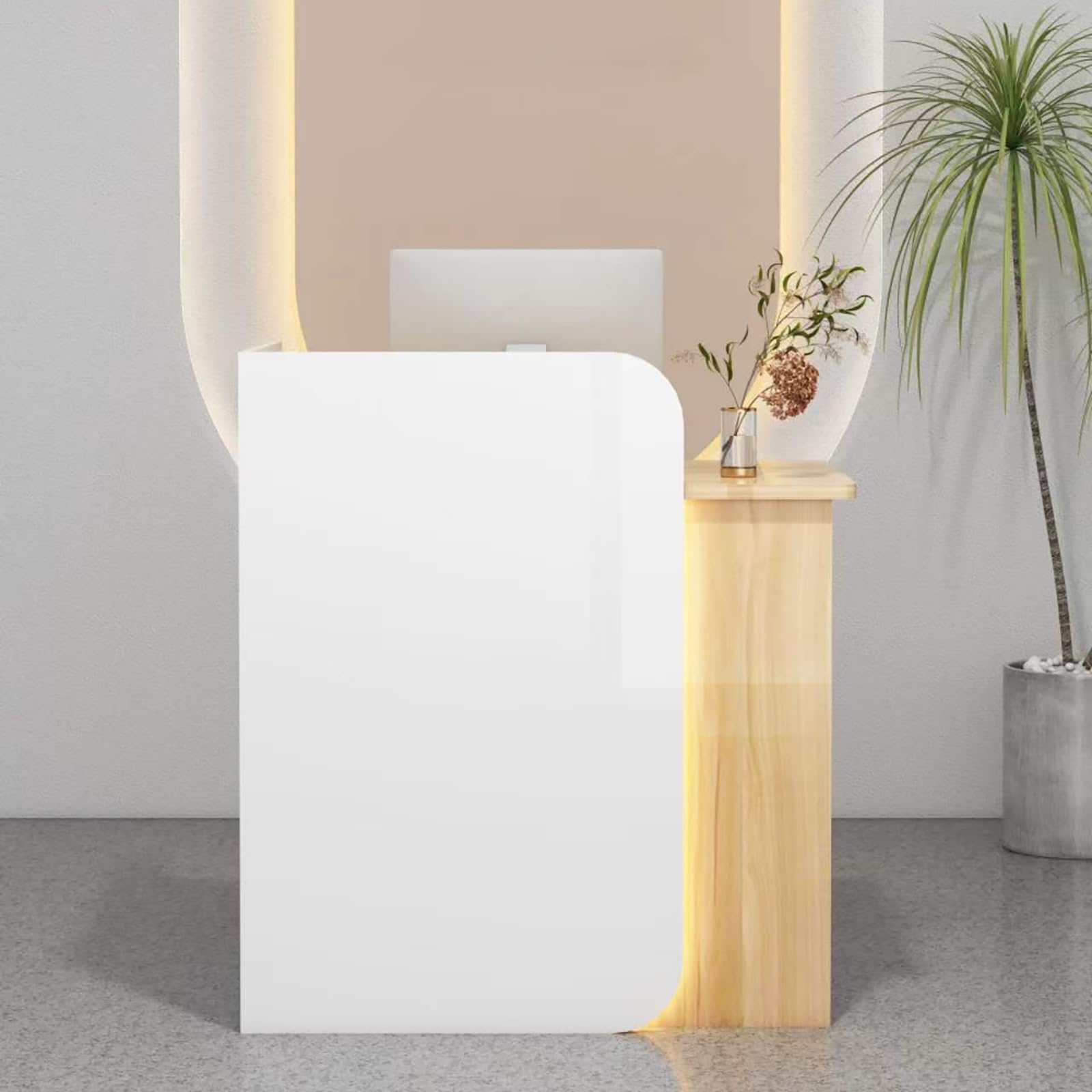Modern Reception Desk with Counter - Space Saving Office Desk with Lockable Drawer - White & Yellow Receptionist Workstation for Salon, Lobby, Home Office & Beauty Clinic Checkout Area