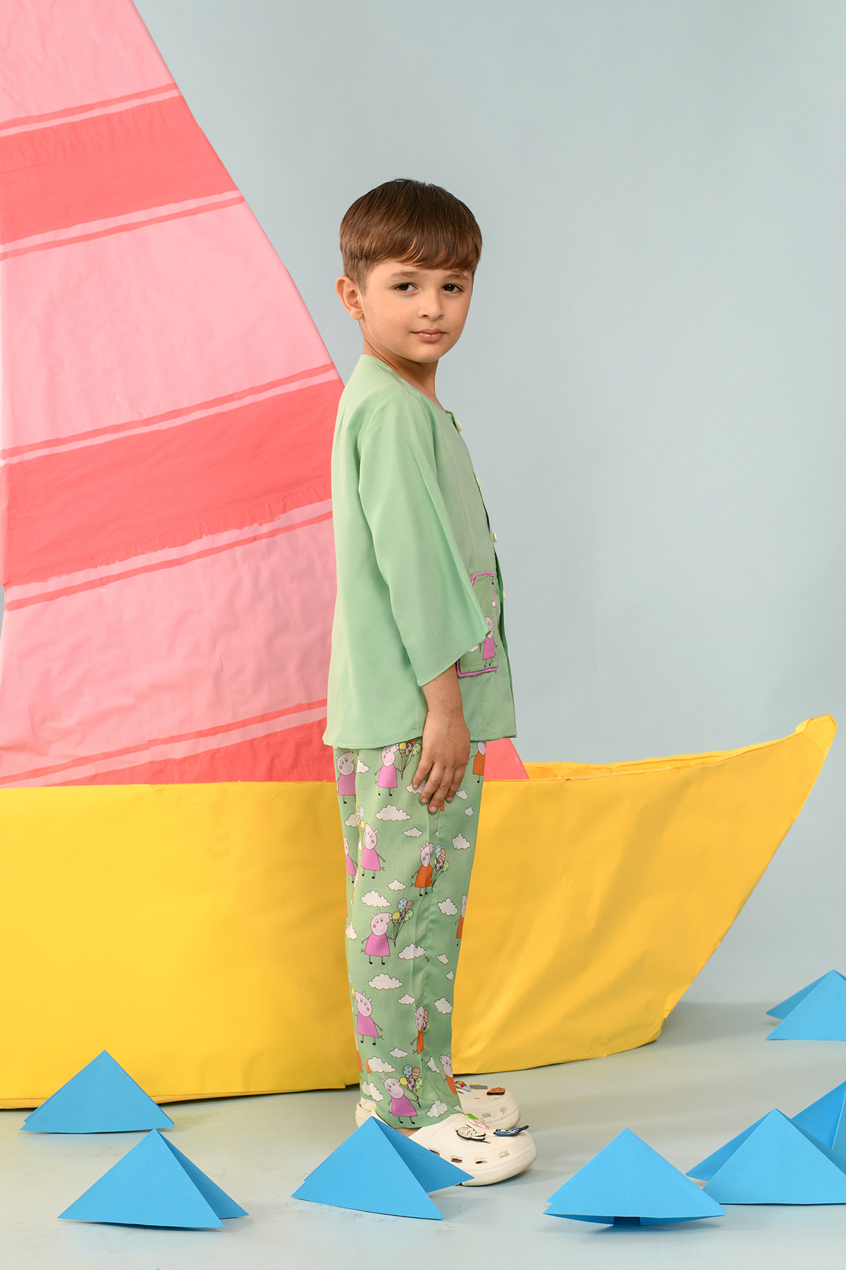Jaden Peppa Pig Patch Pocket Shirt & Pant Set for Boys - Cute Cartoon Outfit for Playdates, Preschool & Birthday Parties