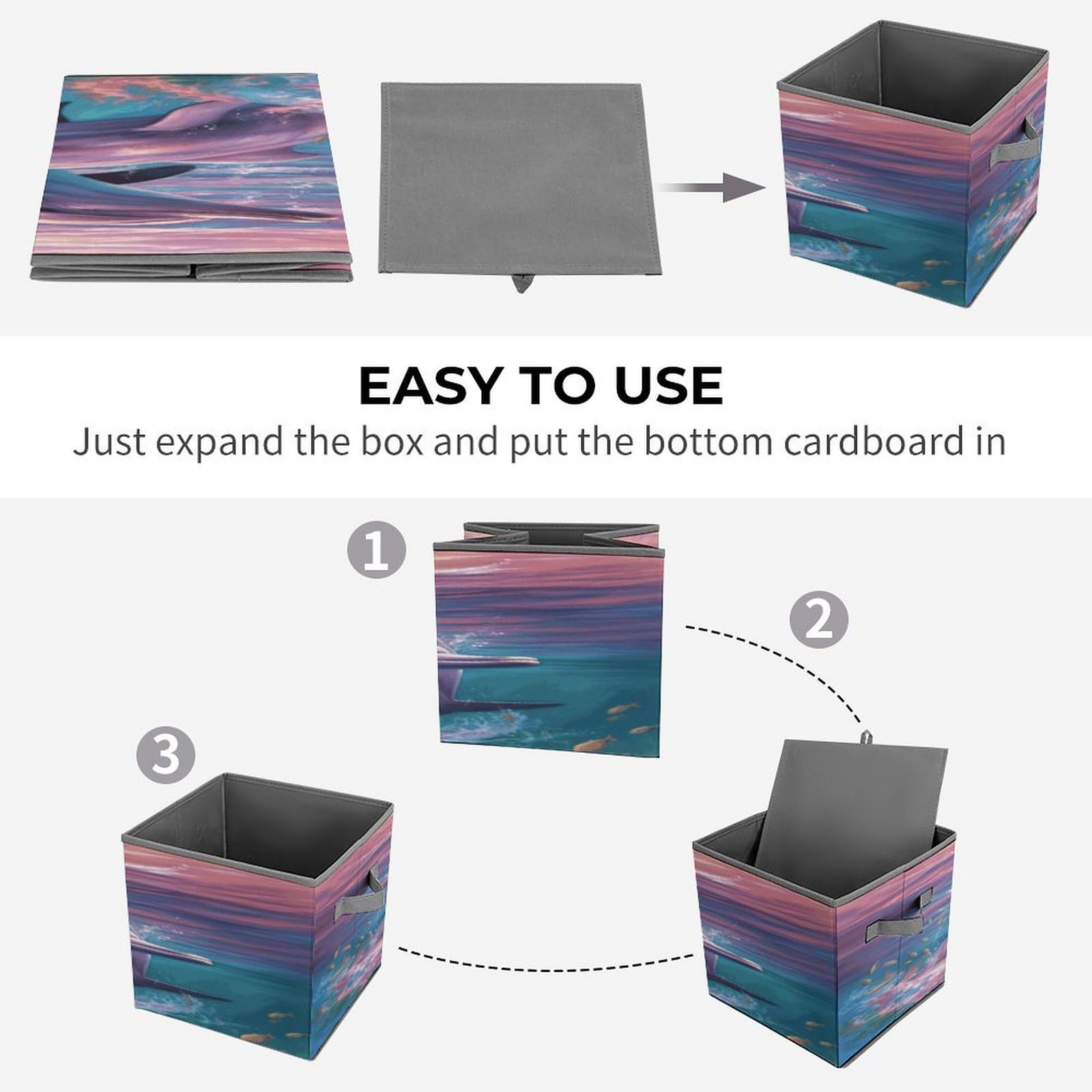 Collapsible Storage Cubes with Handles - 10.6×10.6 Inch Foldable Organizer Bins with Dolphin Art Print for Home, Office & Kids Room Organization - Perfect for Toys, Books & Clutter Control