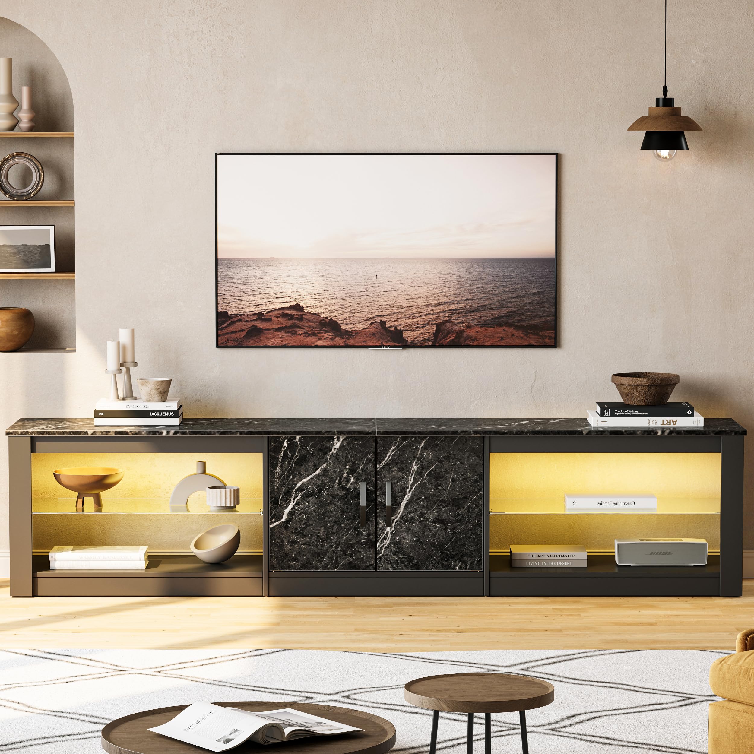 Bestier 80 Inch TV Stand for 75-86 Inch TVs with Storage Cabinet & Adjustable Glass Shelves - Modern Entertainment Center for Living Room & Bedroom - Compatible with PS5, Gaming Consoles & LED TVs - Black Marble Finish for Stylish Home Decor