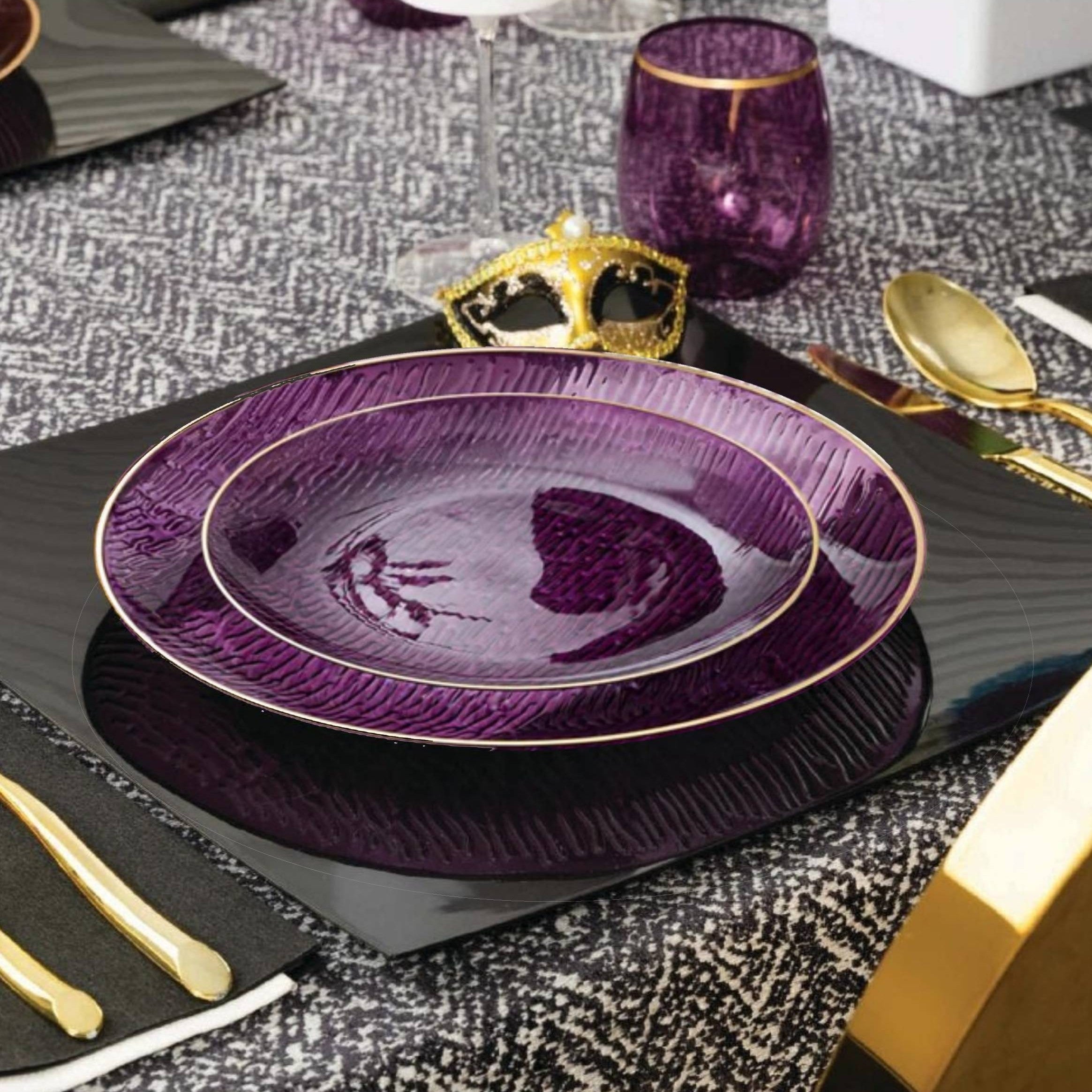 Purple and Gold Disposable Plastic Purim Party Bundle with Icicles - 24-Piece Set for Jewish Holiday Celebrations, Festive Decorations, and Purim Costume Accessories