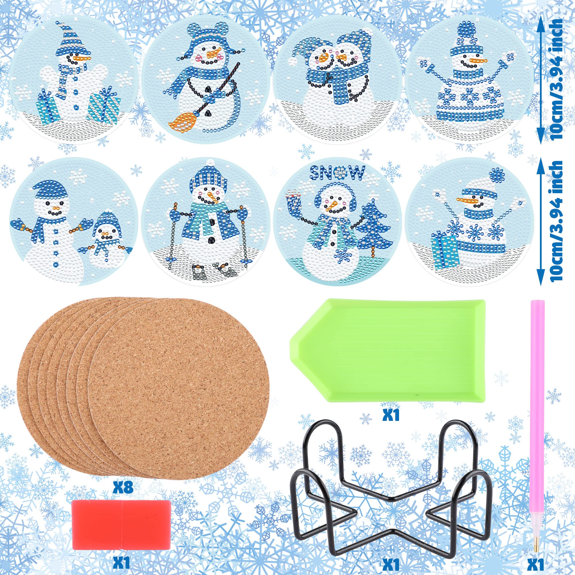 8 PCS Snowman Diamond Painting Coasters - 5D Diamond Art Winter Coasters with Cork Base & Holder - Christmas Party Decor, DIY Craft for Beginners & Adults - Perfect for Holiday Gifts, Home Decor & Table Setting