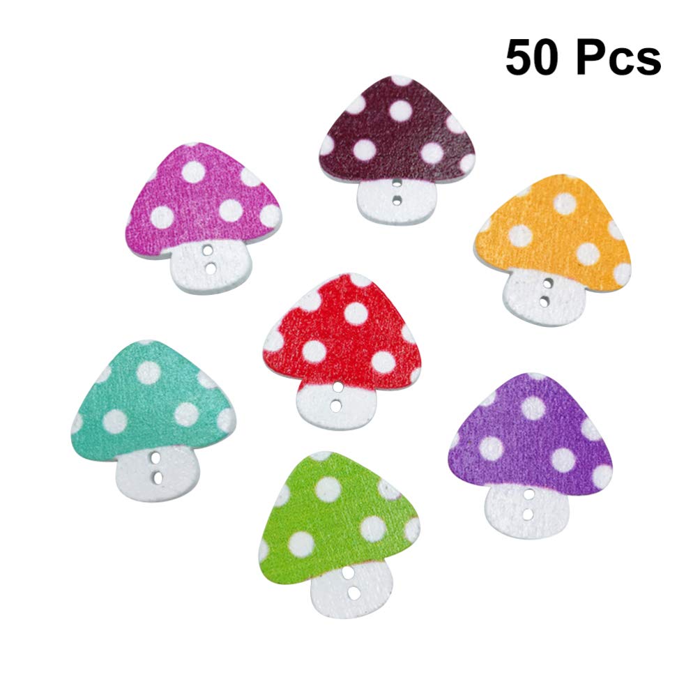 SUPVOX 50pcs Wooden Cartoon Mushroom Buttons for DIY Sewing, Clothing Embellishment, Scrapbooking - 23mm Mixed Color Buttons for Jeans, Blouses & Crafts - Perfect for DIY Projects, Kids Clothing & Handmade Gifts