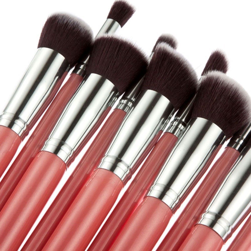 Quenchua 10-Piece Professional Makeup Brush Set with Sponge Puff & Brush Cleaner - Soft Pink Makeup Brushes for Foundation, Blending, Contouring | Perfect for Home & Professional Makeup Artists