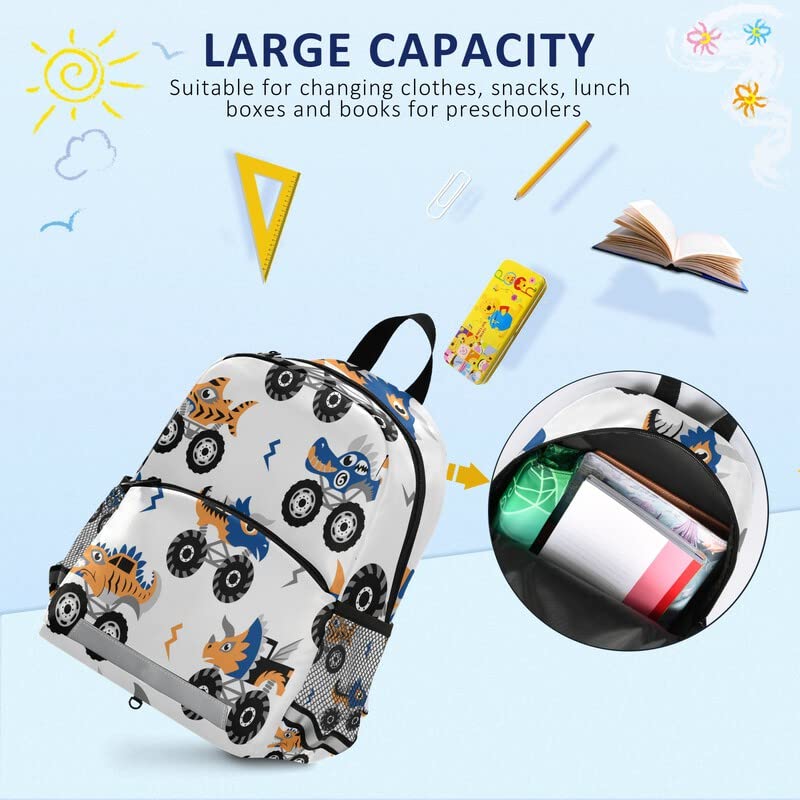 Kids Toddler Backpack with Safety Leash - Cute Animal Monster Trucks Design School Bag for Boys & Girls | Durable Construction Vehicle Themed Kindergarten Backpack for Preschool, Nursery & Travel | Features Chest Clip & Reflective Stripes for Safety | Perfect for School, Daycare & Family Outings