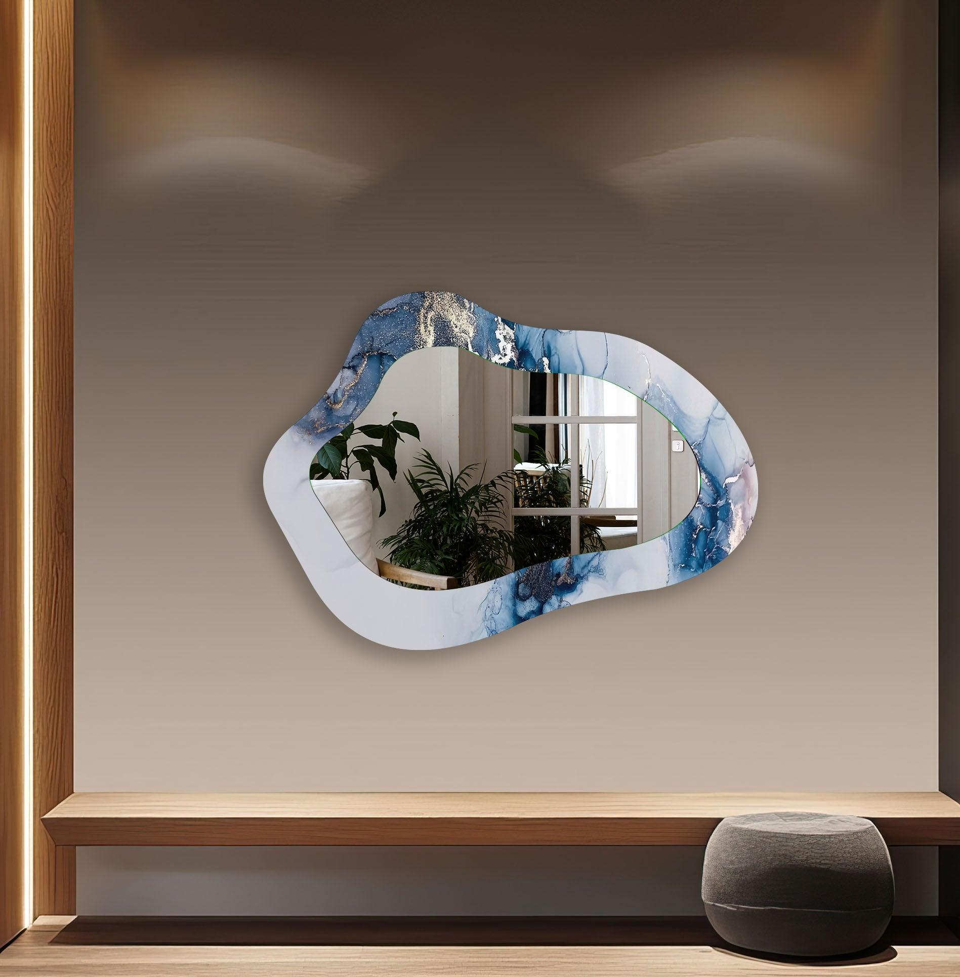 Blue Alcohol Ink Irregular Shaped Wall Mirror - Unique Handmade Decorative Mirror for Living Room, Bedroom, or Bathroom