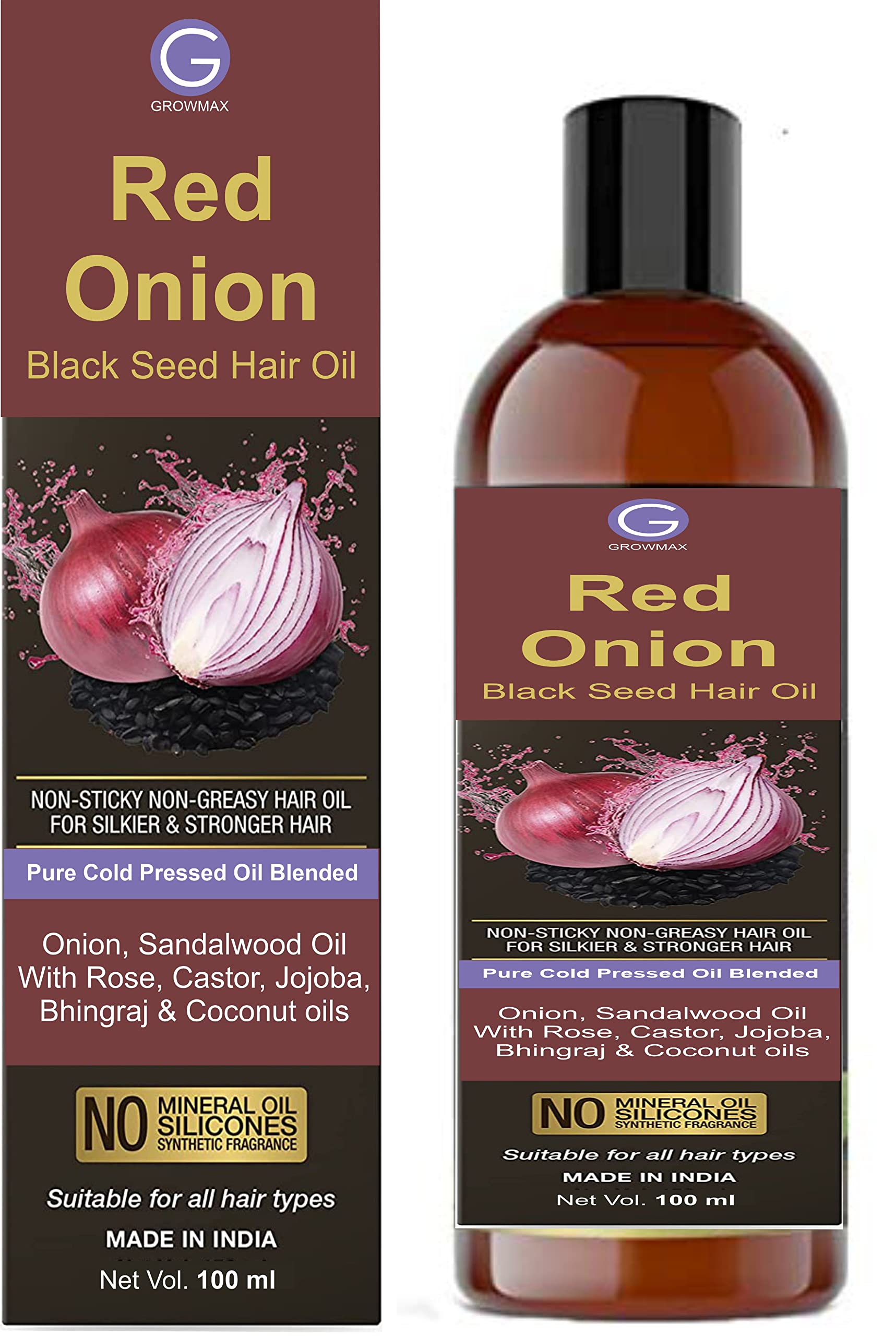 Rotex Growmax Red Onion Hair Oil - 100ml with 30 Oils & Extracts for Silkier, Stronger Hair - Argan Oil, Castor Oil, Bhringraj, Almond Oil (No Mineral Oil) - Promotes Hair Growth & Reduces Hair Fall - Perfect for Daily Hair Care & Scalp Treatment