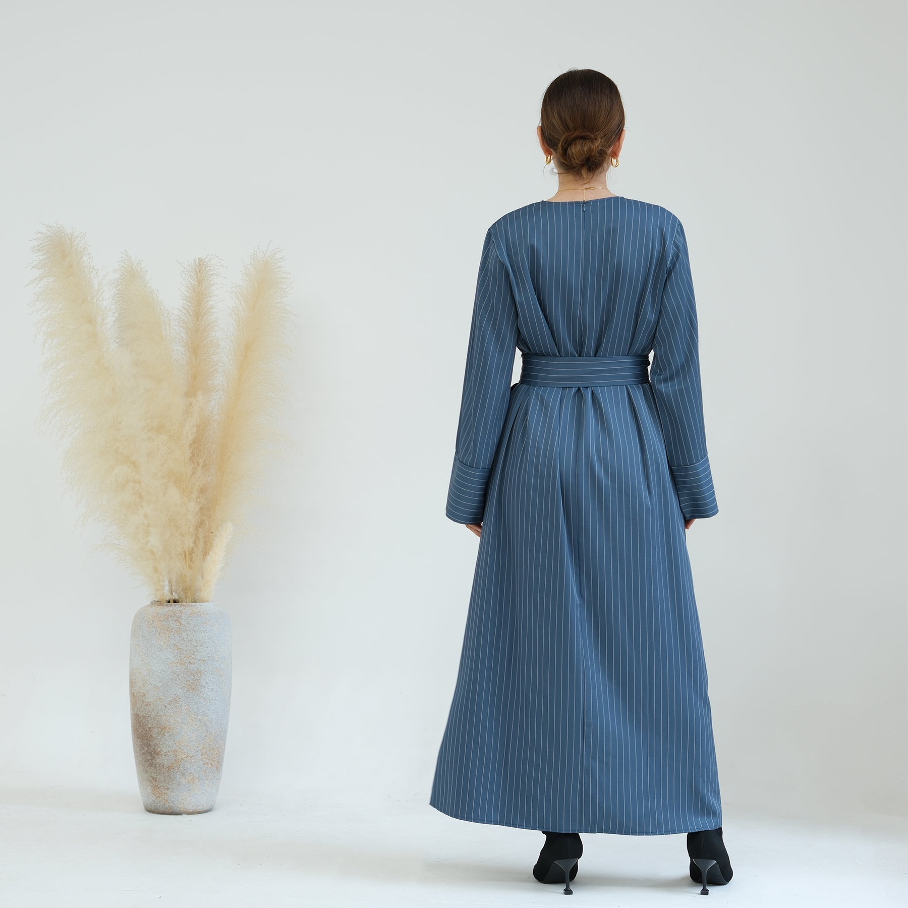 Janine Stripe Long Sleeve Belted Maxi Dress for Women - Flowy Blue Midi Dress with Belt, Elegant Casual & Party Wear, Perfect for Weddings, Date Nights and Summer Outings