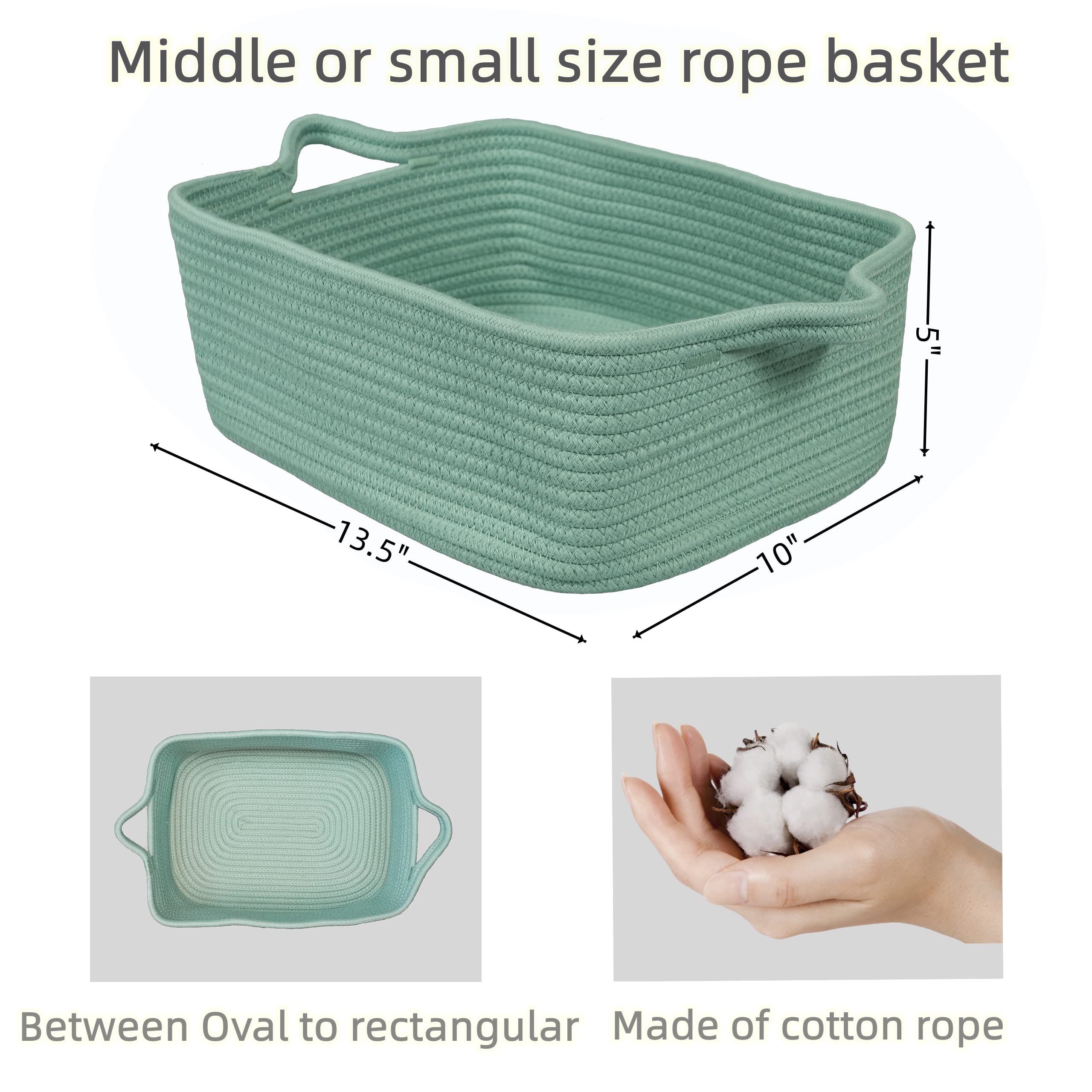 XUANGUO Woven Cotton Rope Storage Basket with Handles - Decorative Organizer for Shelves, Closet, Nursery | Pet Toy Bin & Gift Basket | Light Green Rectangle Design for Home Organization & Baby Room Decor