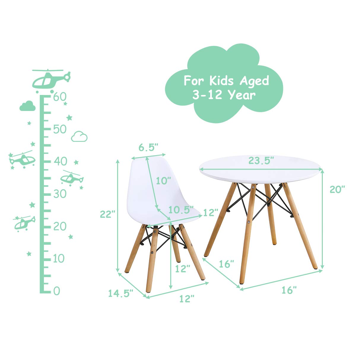Costzon 5-Piece Kids Table and Chair Set - Mid-Century Modern Style Wooden Legs & Iron Frame Toddler Desk for Dining, Drawing, Playing - High Weight Capacity (White) - Perfect for Preschool Learning, Playroom, and Children's Activities