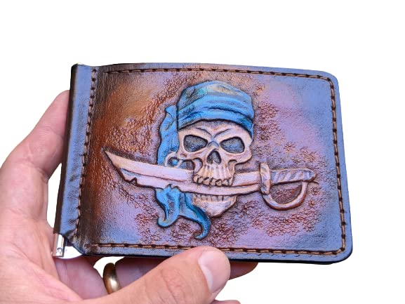 Handmade 3D Genuine Leather Pirate Sword & Skull Wallet for Men - Caribbean Themed Money Clip with Airbrush Art - Custom Personalized Carved & Tooled Leather Bifold Wallet - Perfect for Gifts, Collectors & Pirate Enthusiasts