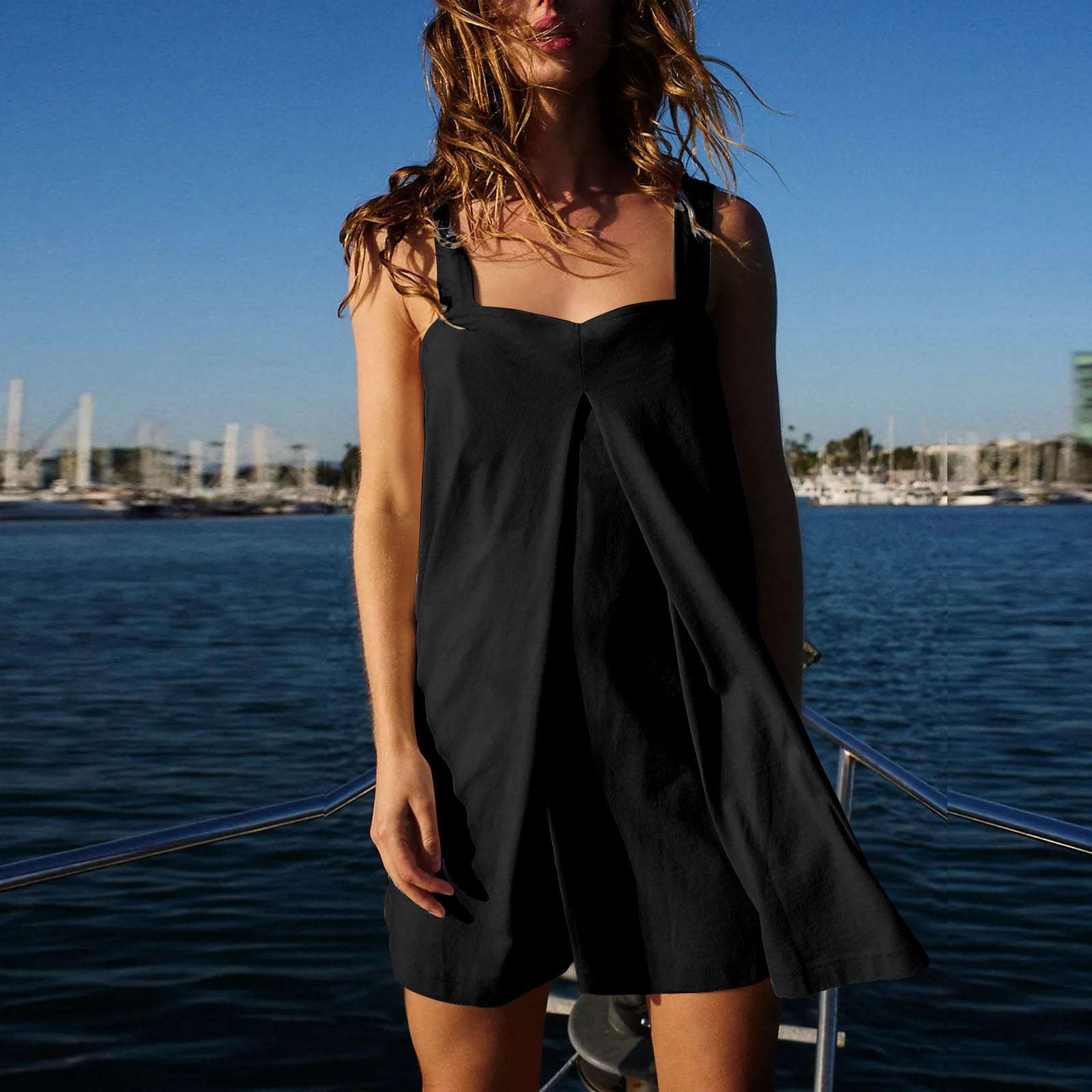 2024 Women's Summer Dresses - Pleated Solid Color Mini Sundress with Square Neck | Elegant Casual Loose Tank Dress for Beach, Vacation & Daily Wear
